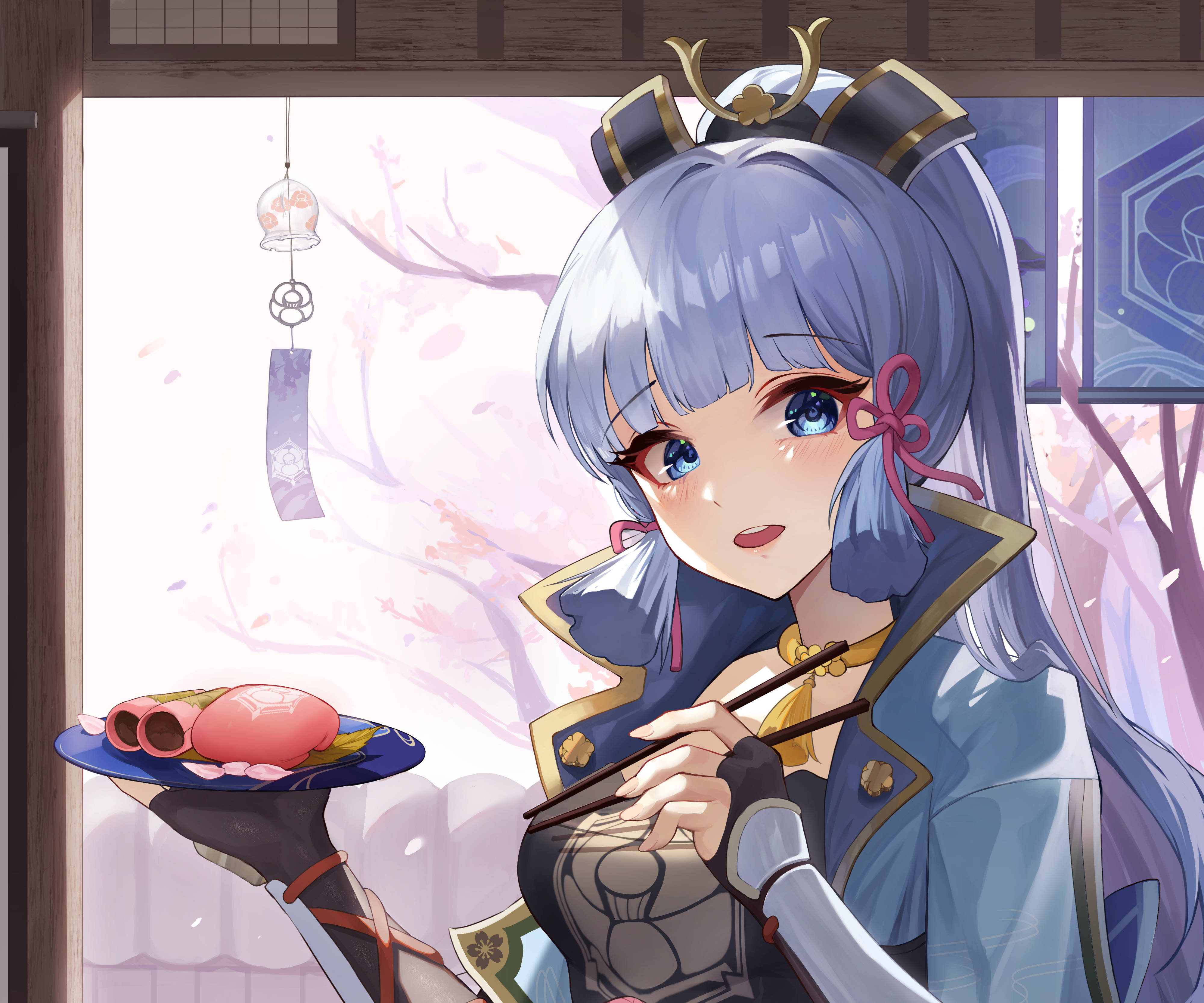 電玩遊戲 桌布 壁紙 — 一位藍髮動漫少女穿著傳統服飾，在櫻花窗邊拿著一盤粉紅色餃子和筷子。