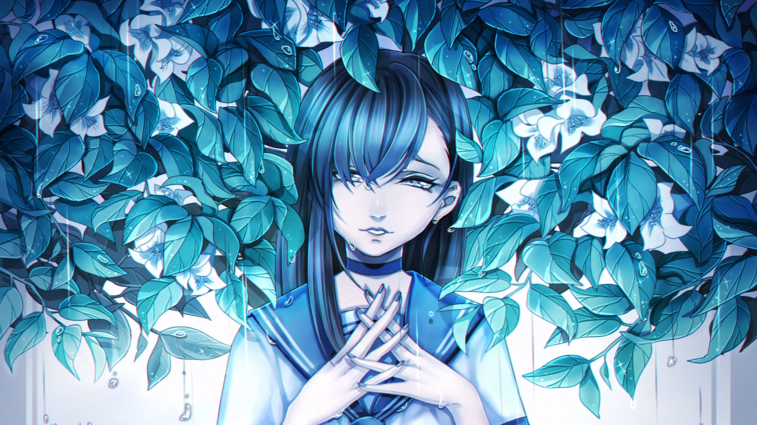 動漫藝術GIF 桌布 壁紙 — 一位藍髮動漫少女穿著校服，在茂密的青綠色樹葉和落下的雨滴中寧靜地站立。