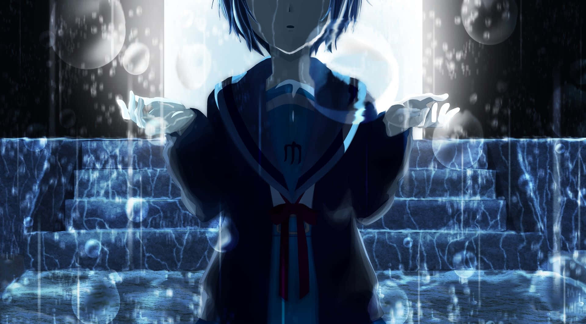 動漫 桌布 壁紙 — 一位藍髮動漫少女穿著校服，站在發光的樓梯前，氣泡在雨中飄浮，營造出夢幻般的場景。