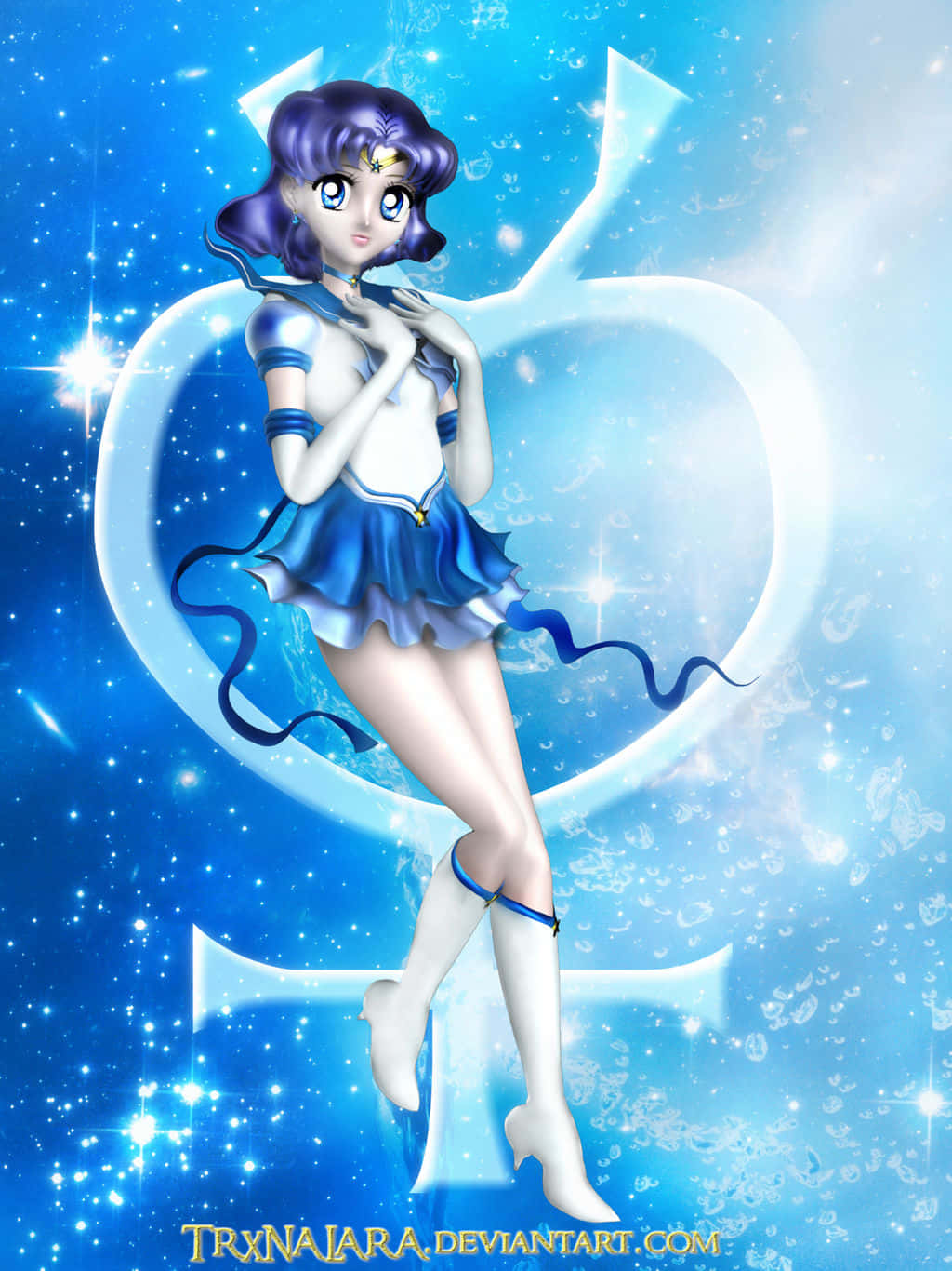 Sailor Mercury 桌布 壁紙 — 一位藍髮動漫少女穿著水手服，優雅地站在發光的愛心形光環中，背景是閃爍的宇宙藍色。