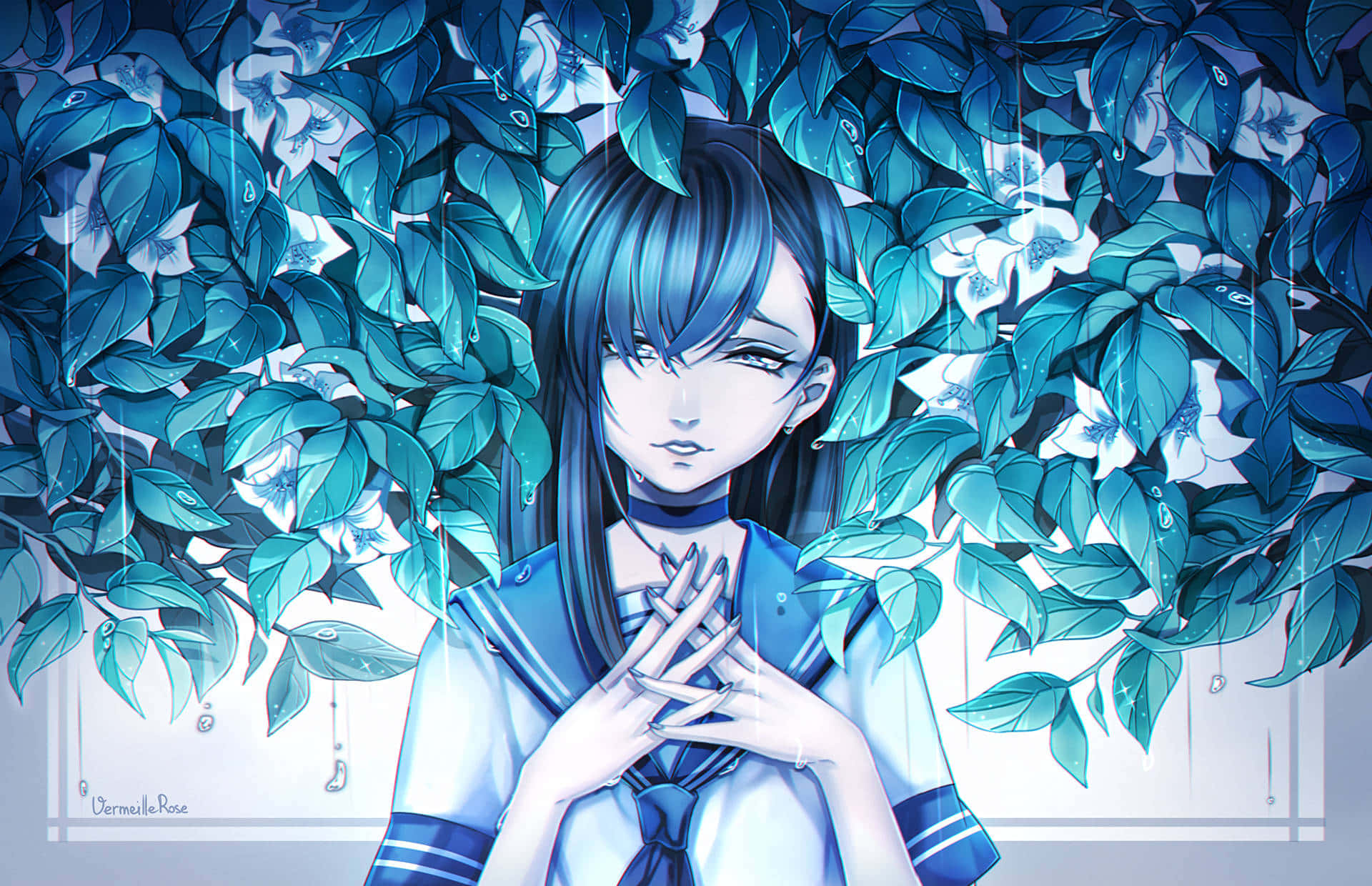 Sad Vibes 桌布 壁紙 — 一位藍髮動漫少女穿著水手服，在細雨中寧靜地站在茂密的青綠色樹葉和白色花朵之間。
