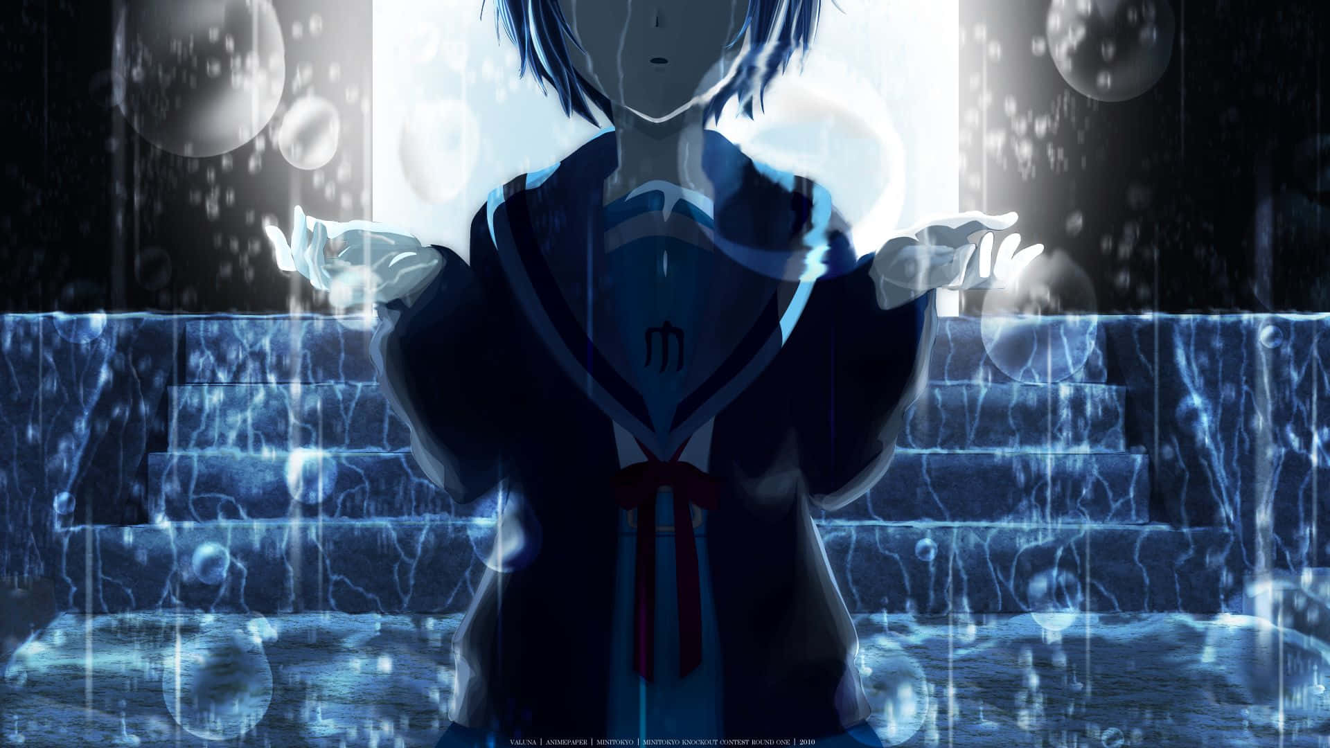 動漫 桌布 壁紙 — 一位藍髮動漫少女穿著水手服，站在發光的樓梯前，雨滴和泡泡在清涼的藍光中漂浮在她周圍。