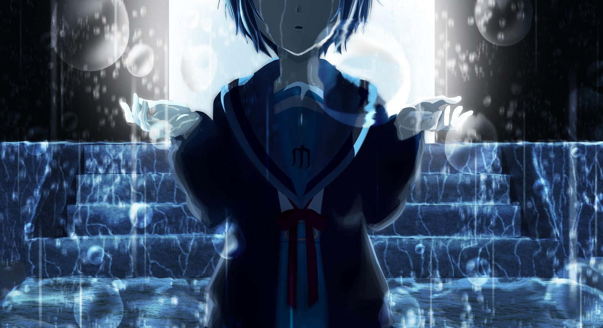Yuki Nagato 桌布 壁紙 — 一位藍髮動漫少女穿著水手服，站在發光的樓梯前，氣泡在雨中飄浮的數位場景中。