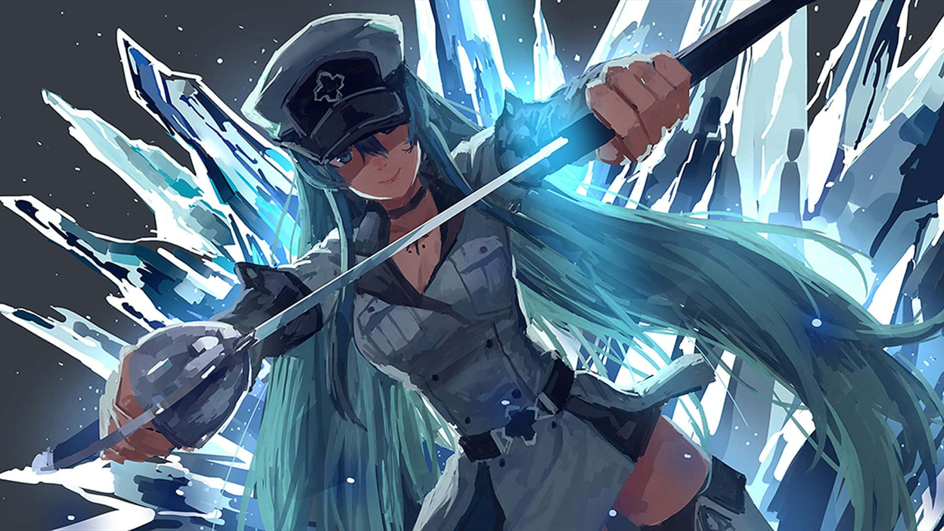 動漫 桌布 壁紙 — 一位藍髮動漫少女穿著軍服，在星空下揮劍，周圍是晶瑩的冰碎片。