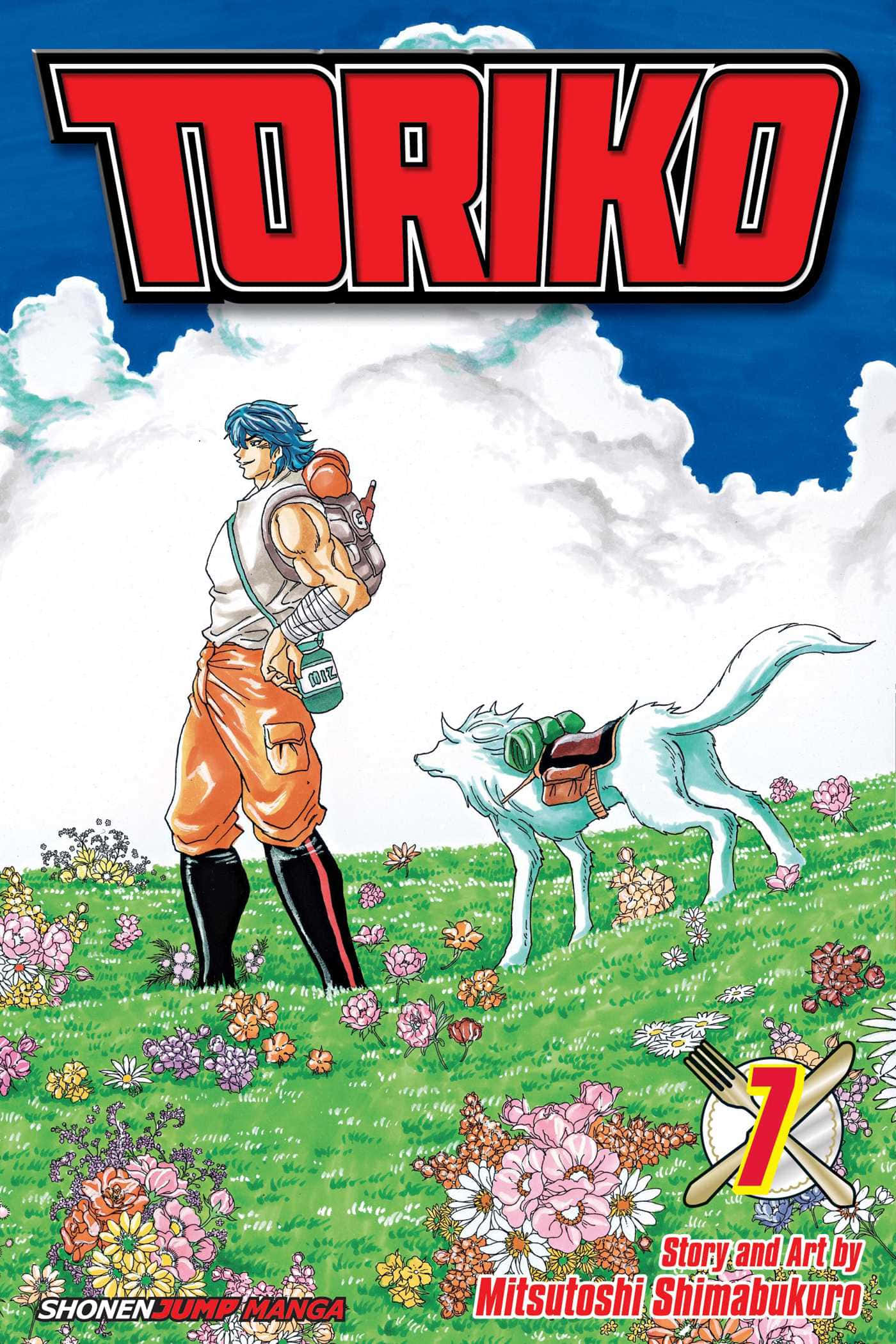 Toriko 桌布 壁紙 — 一位藍髮動漫廚師和他的白色狼同伴站在一片色彩繽紛的花草茂盛的草地上，頭頂是藍天白雲。
