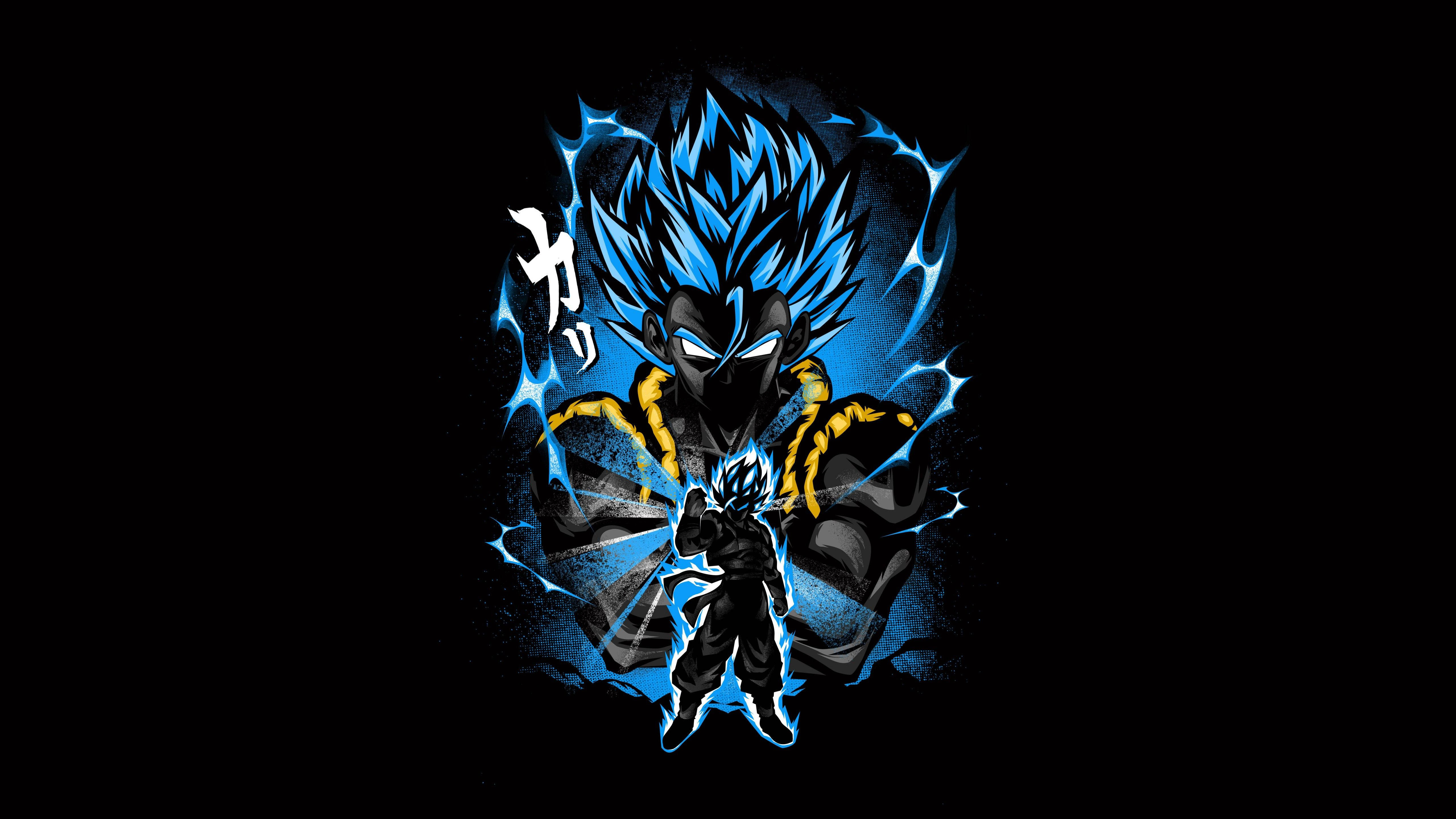 Goku Dragon Ball Super 桌布 壁紙 — 一位藍髮動漫戰士，擁有發光的眼睛和閃電效果，在黑色背景上強勢站立。