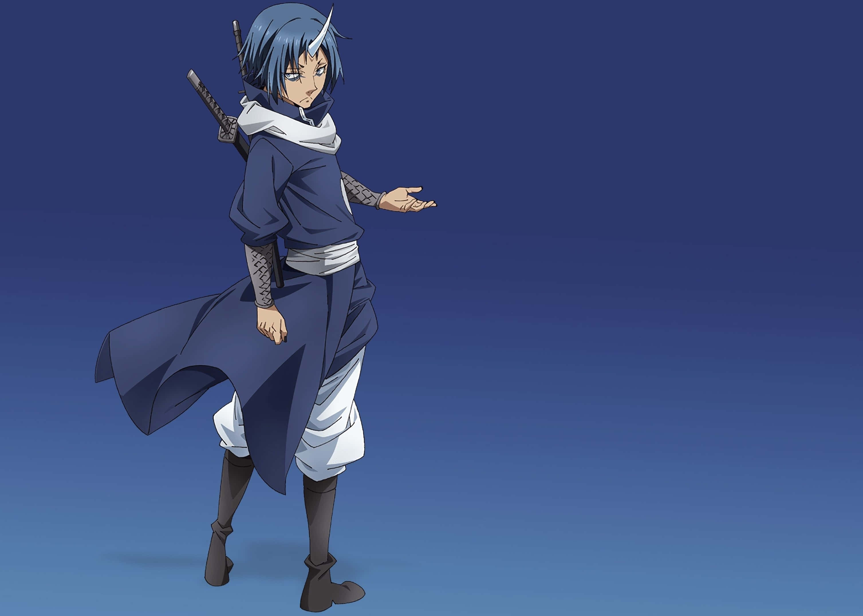 That Time I Got Reincarnated As A Slime 桌布 壁紙 — 一位藍髮動漫戰士，頭上有角，手持劍，站在漸變藍色背景前。