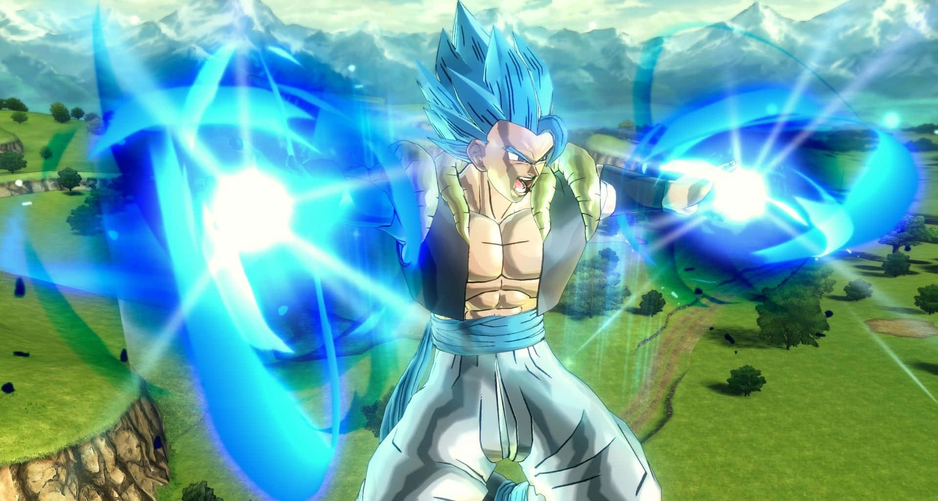 Dragon Ball Xenoverse 2 桌布 壁紙 — 一位藍髮動漫戰士在充滿活力的綠色山谷中釋放出發光的藍色能量爆炸，遠處有山脈。