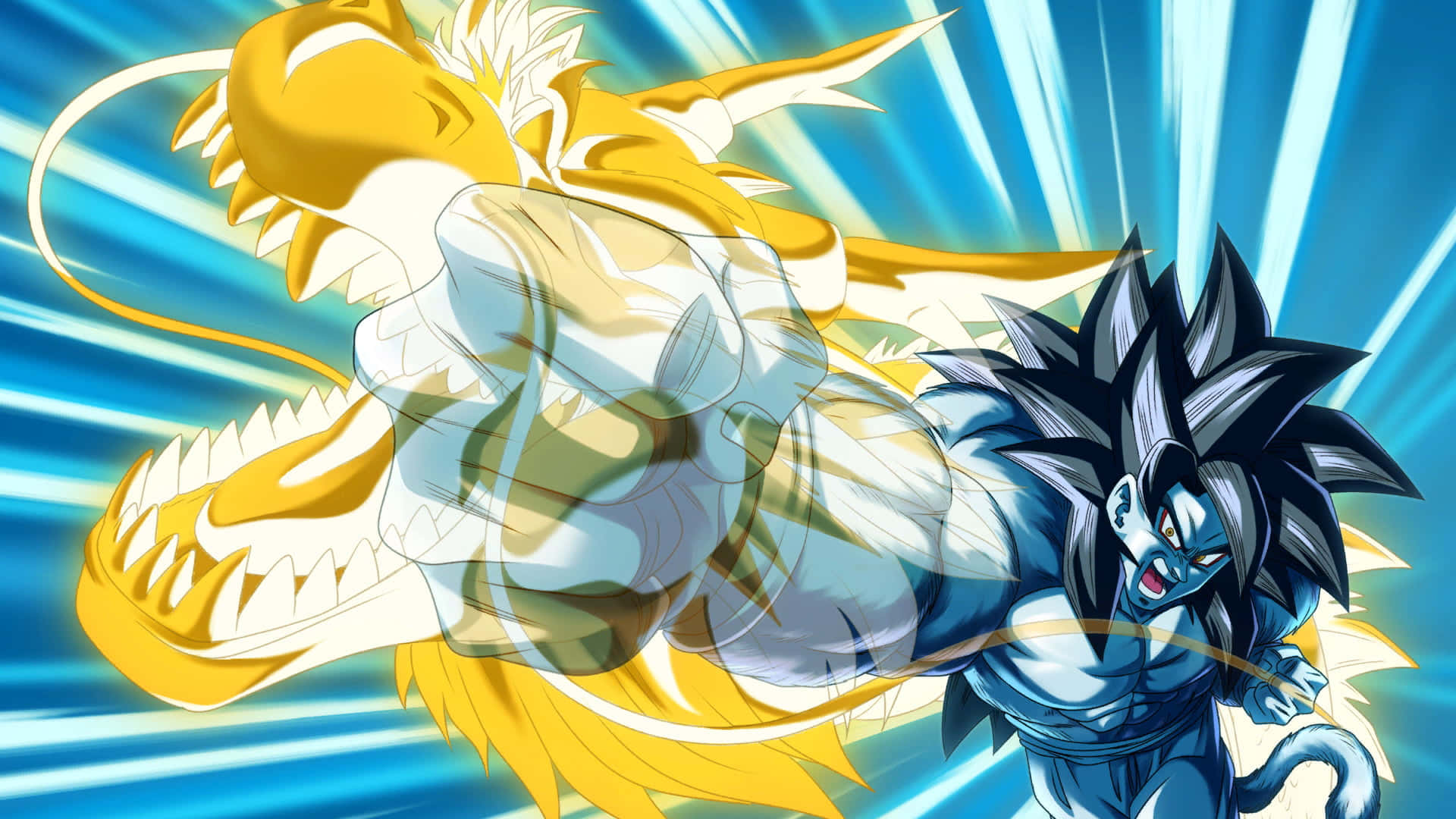 Dragon Ball Xenoverse 桌布 壁紙 — 一位藍髮動漫戰士在光芒四射的藍色背景上，以動態運動線條拳擊一條金色巨龍。