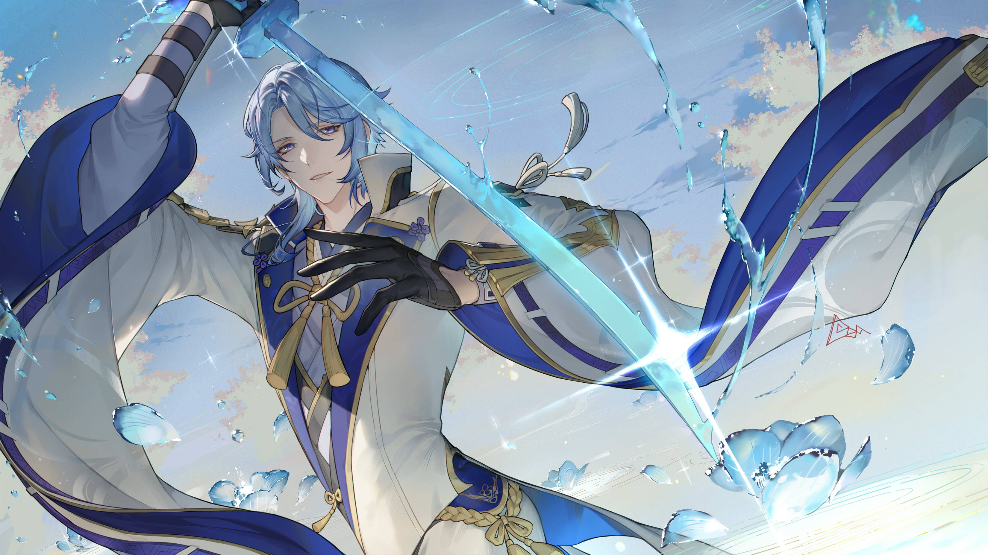 ayato 桌布 壁紙 — 一位藍髮動漫戰士在柔和天空背景下，於旋轉的水與光中揮舞著發光的劍。