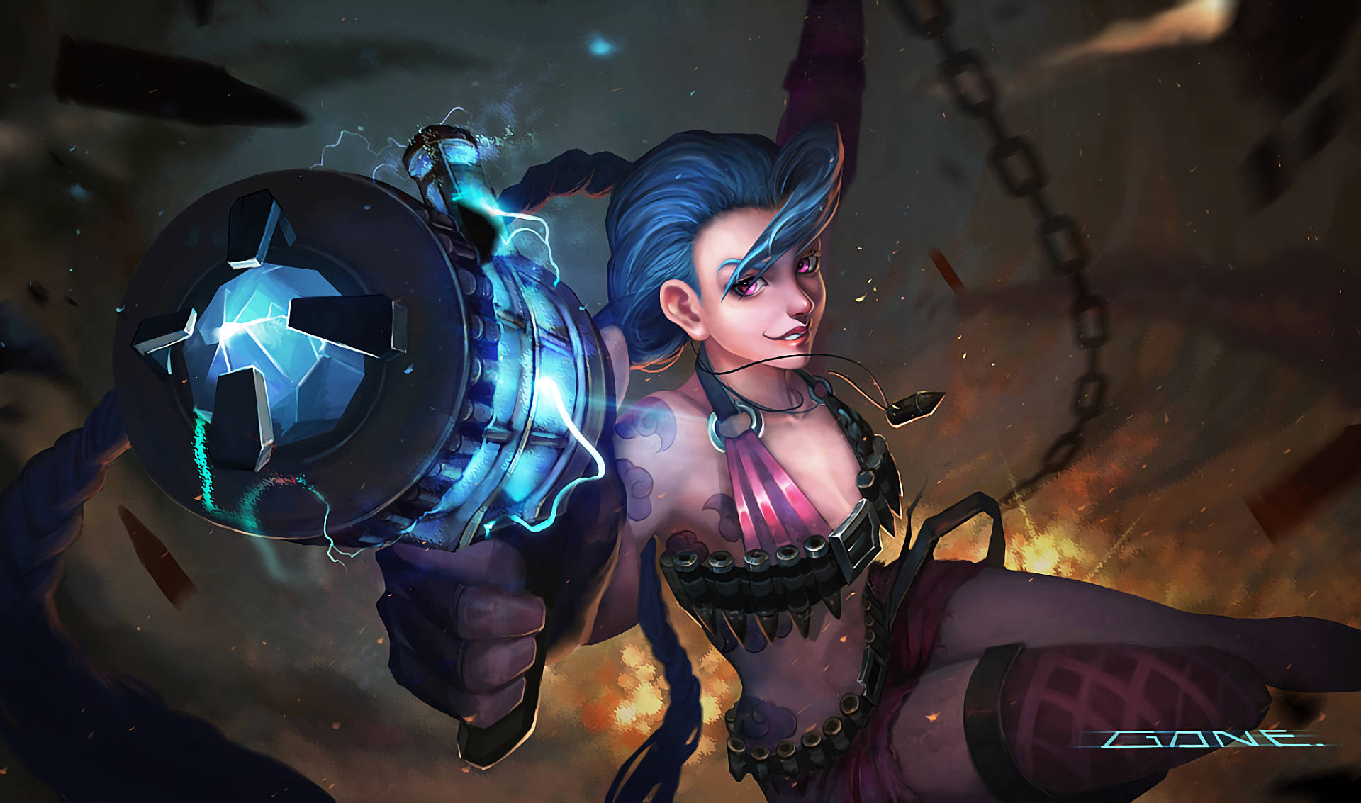 Jinx 桌布 壁紙 — 一位藍髮動漫戰士在燃燒的碎片和漂浮的鎖鏈中揮舞著發光的藍色能量炮。