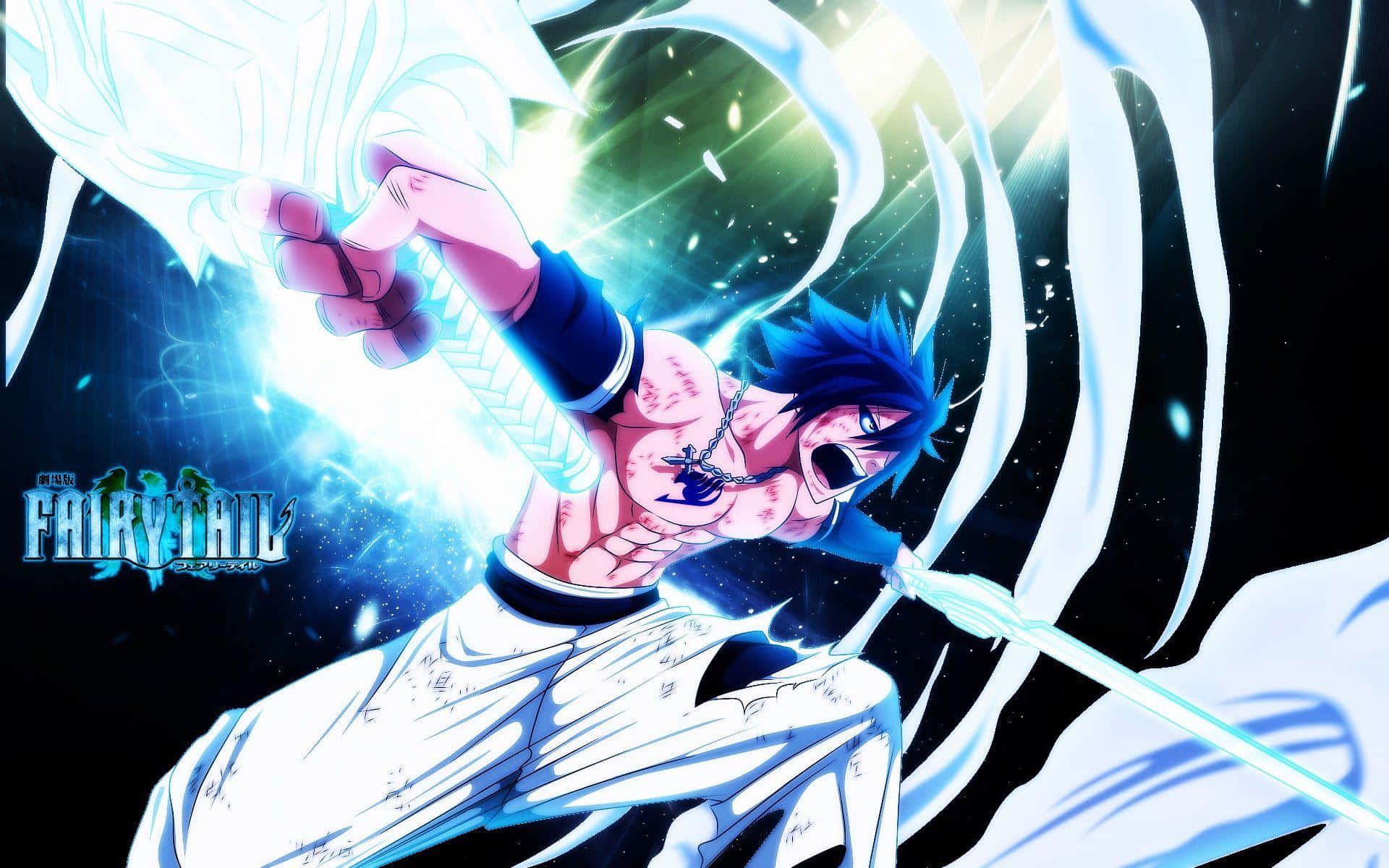 Gray Fullbuster 桌布 壁紙 — 一位藍髮動漫戰士在黑暗的宇宙背景下，以動態戰鬥姿勢釋放出一把發光的白色劍。