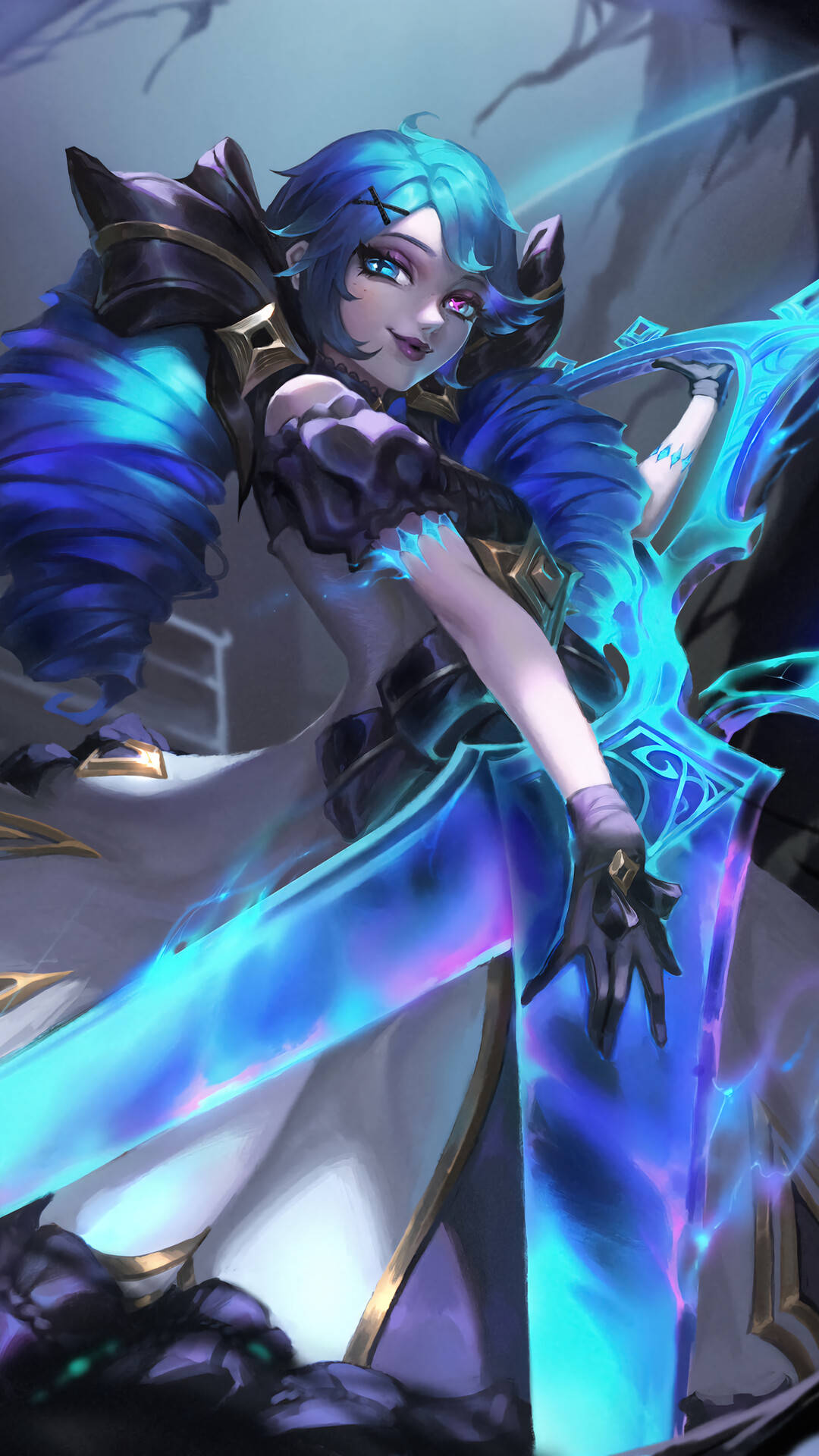 Black And Blue 桌布 壁紙 — 一位藍髮動漫戰士在黑暗神秘場景中揮舞著發光的劍，伴隨著電光藍色能量效果。