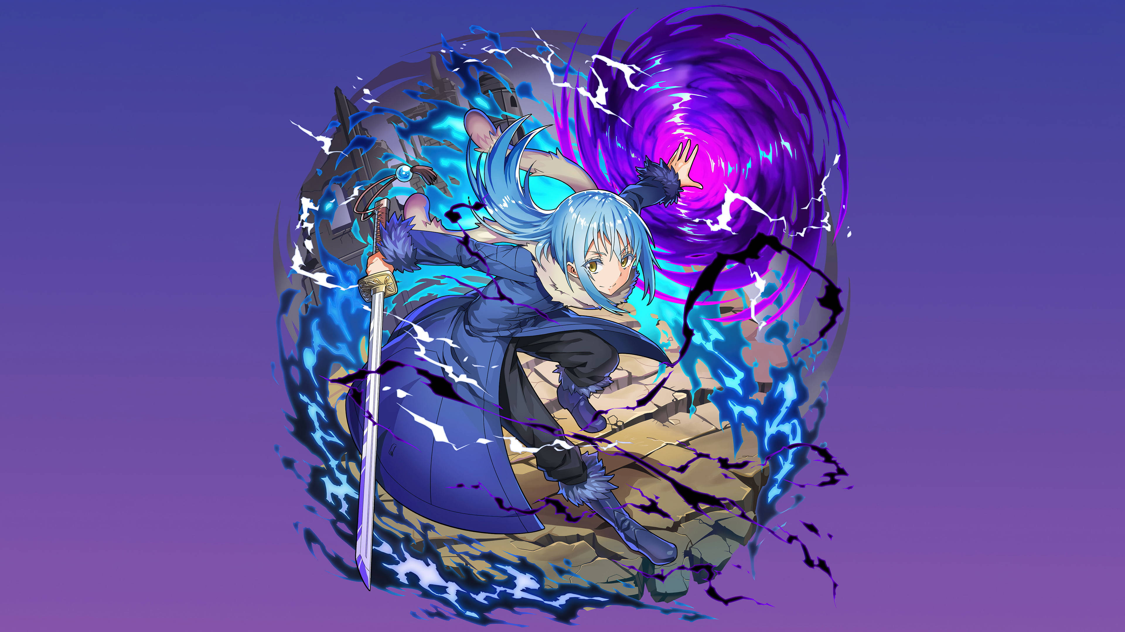 Rimuru 桌布 壁紙 — 一位藍髮動漫戰士揮舞著劍，同時召喚出旋轉的紫色和藍色魔法漩渦。