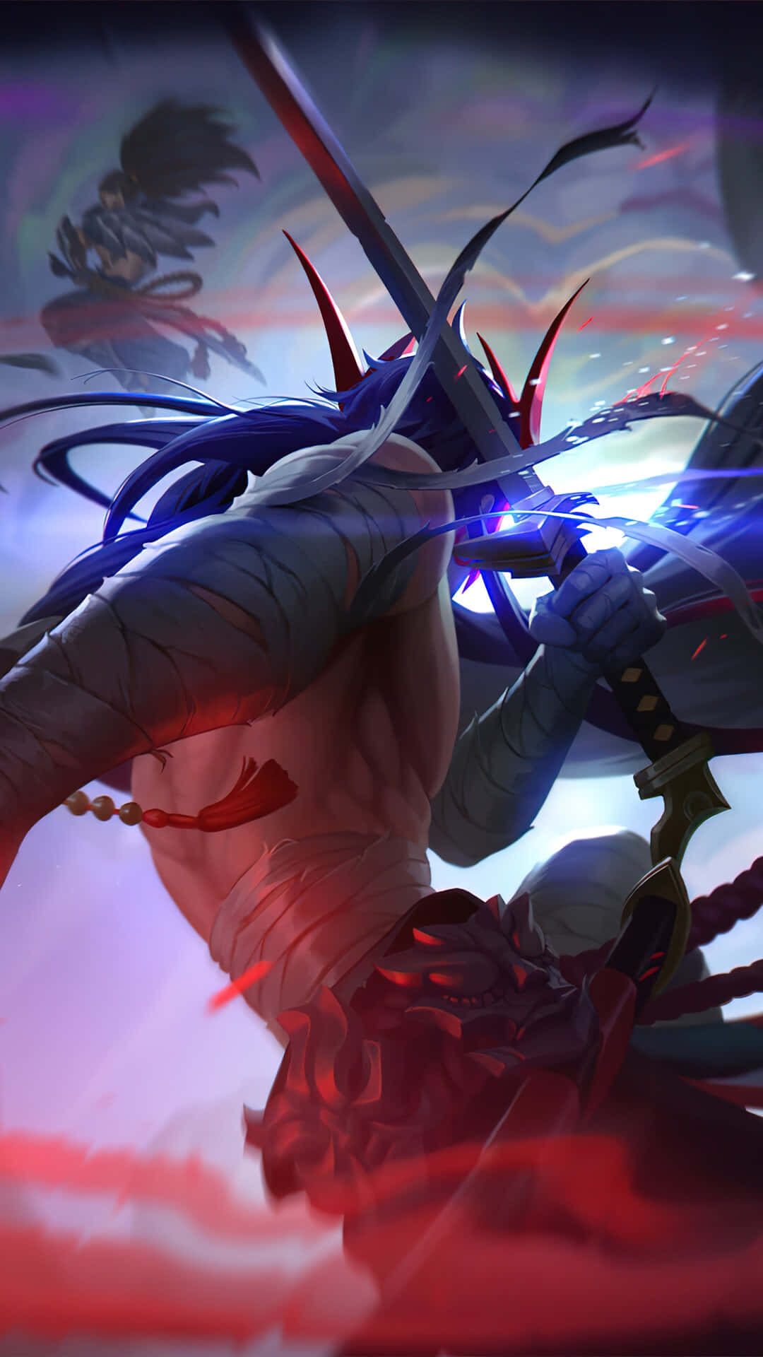 Android League Of Legends 桌布 壁紙 — 一位藍髮動漫戰士揮舞著發光的劍，對抗旋轉的紅紫色天空。
