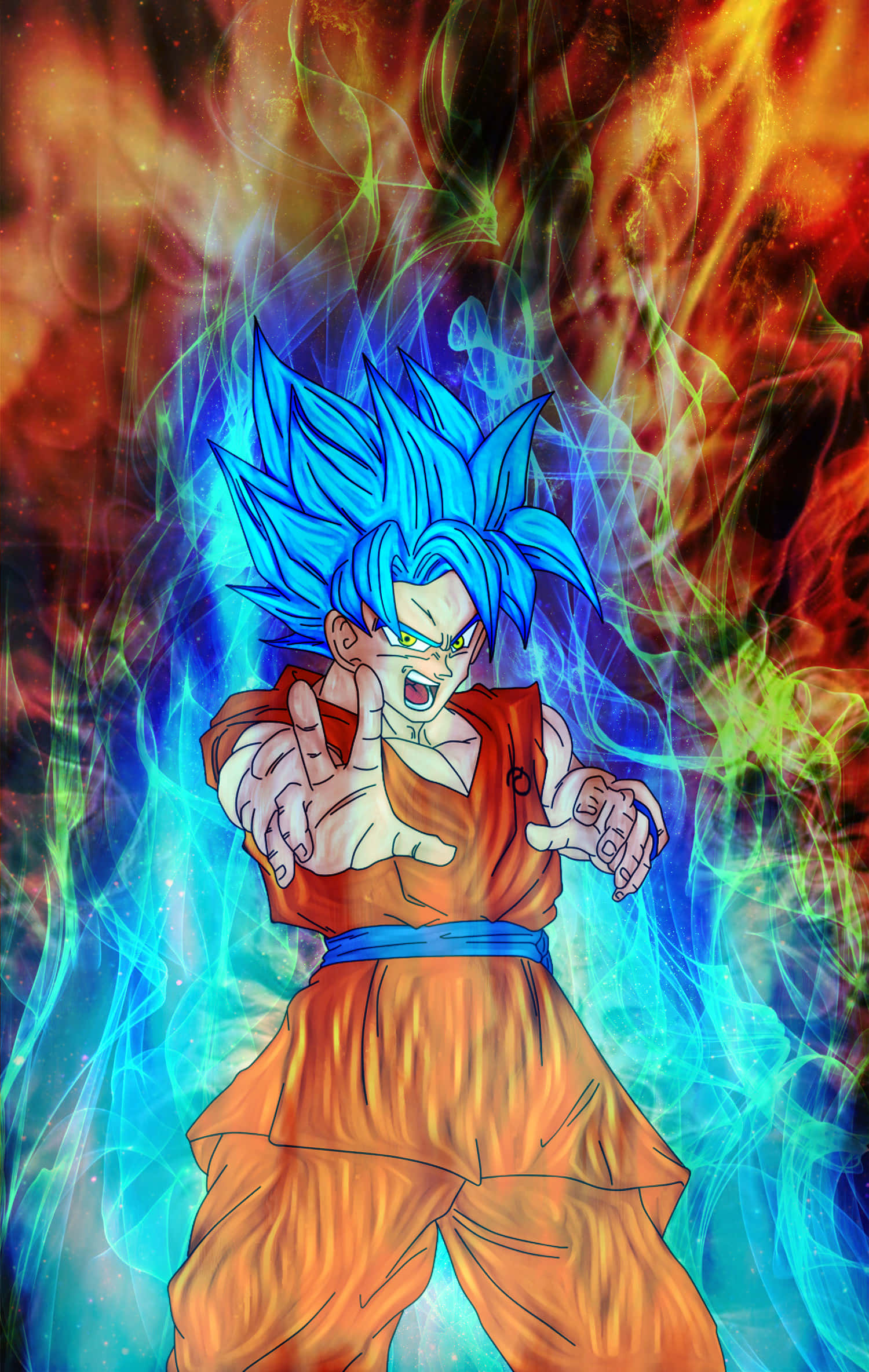 Super Saiyan God 桌布 壁紙 — 一位藍髮動漫戰士穿著橙色道服，在熾熱的宇宙背景下散發能量。