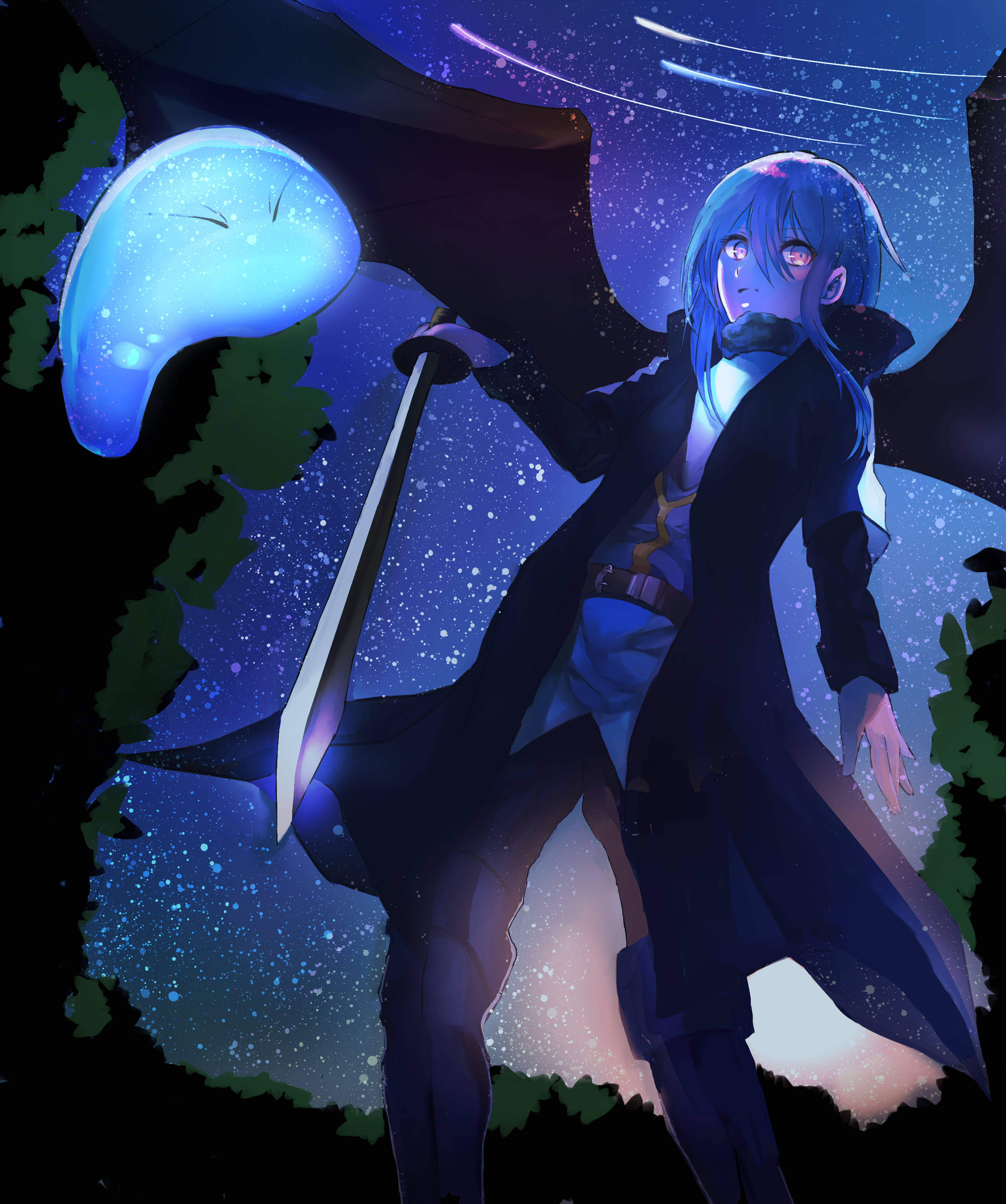 Rimuru 桌布 壁紙 — 一位藍髮動漫戰士站在星空下，手持發光劍和漂浮的藍色球體。