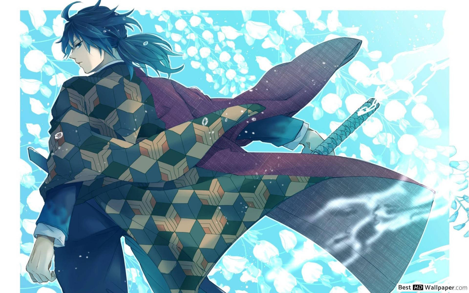 Giyuu 桌布 壁紙 — 一位藍髮動漫戰士身穿幾何圖案和服，手持發光劍，以飄落的櫻花為背景，擺出蓄勢待發的姿勢。
