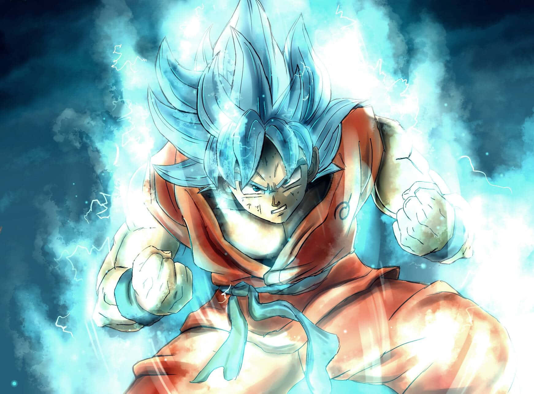 Cool Dragon Ball 桌布 壁紙 — 一位藍髮動漫戰士身穿橙色道服，在暴風雨的天空下散發出電能。