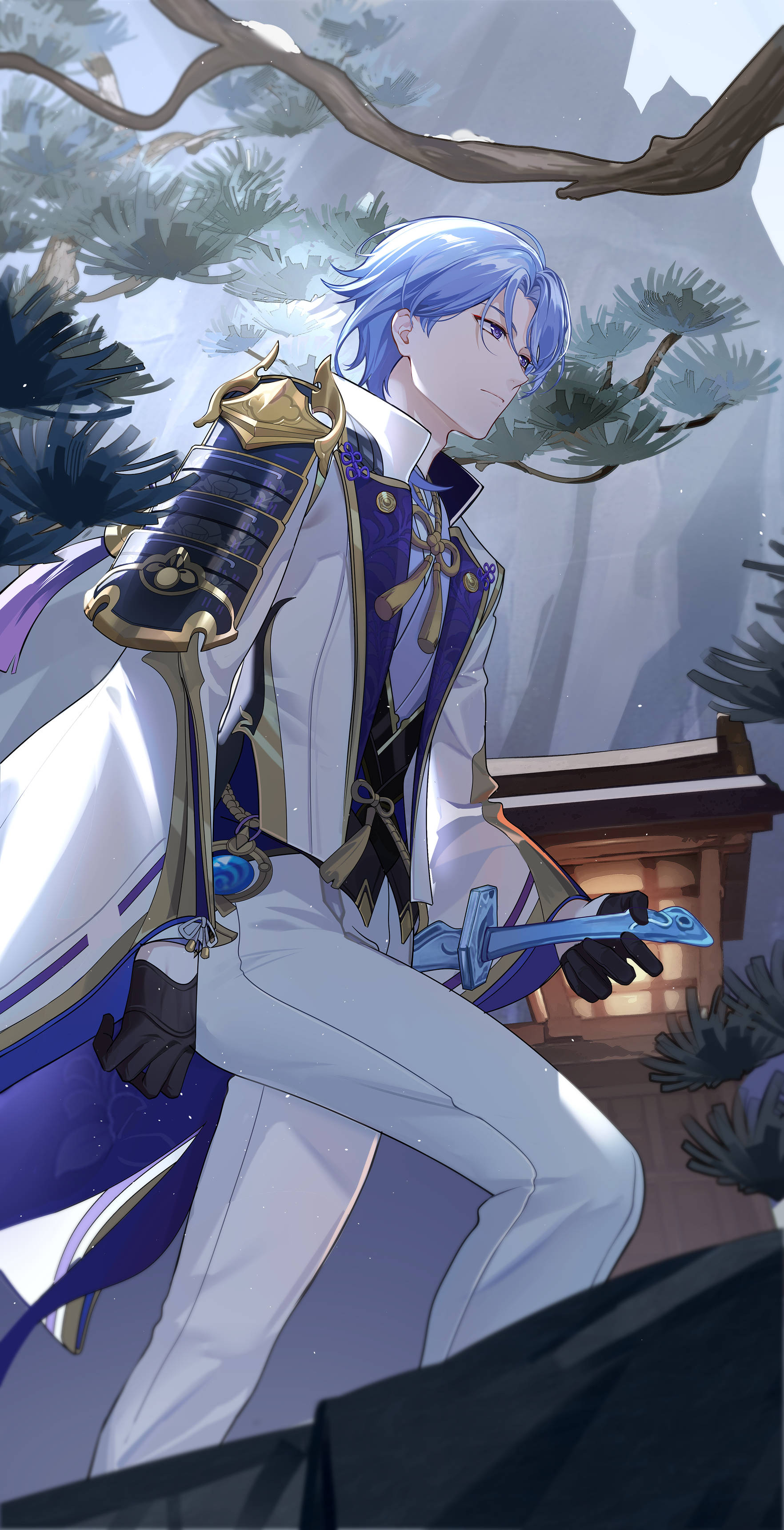 ayato 桌布 壁紙 — 一位藍髮動漫戰士身穿白色和紫色盔甲，坐在霧氣瀰漫的山中松樹下的石燈籠旁。