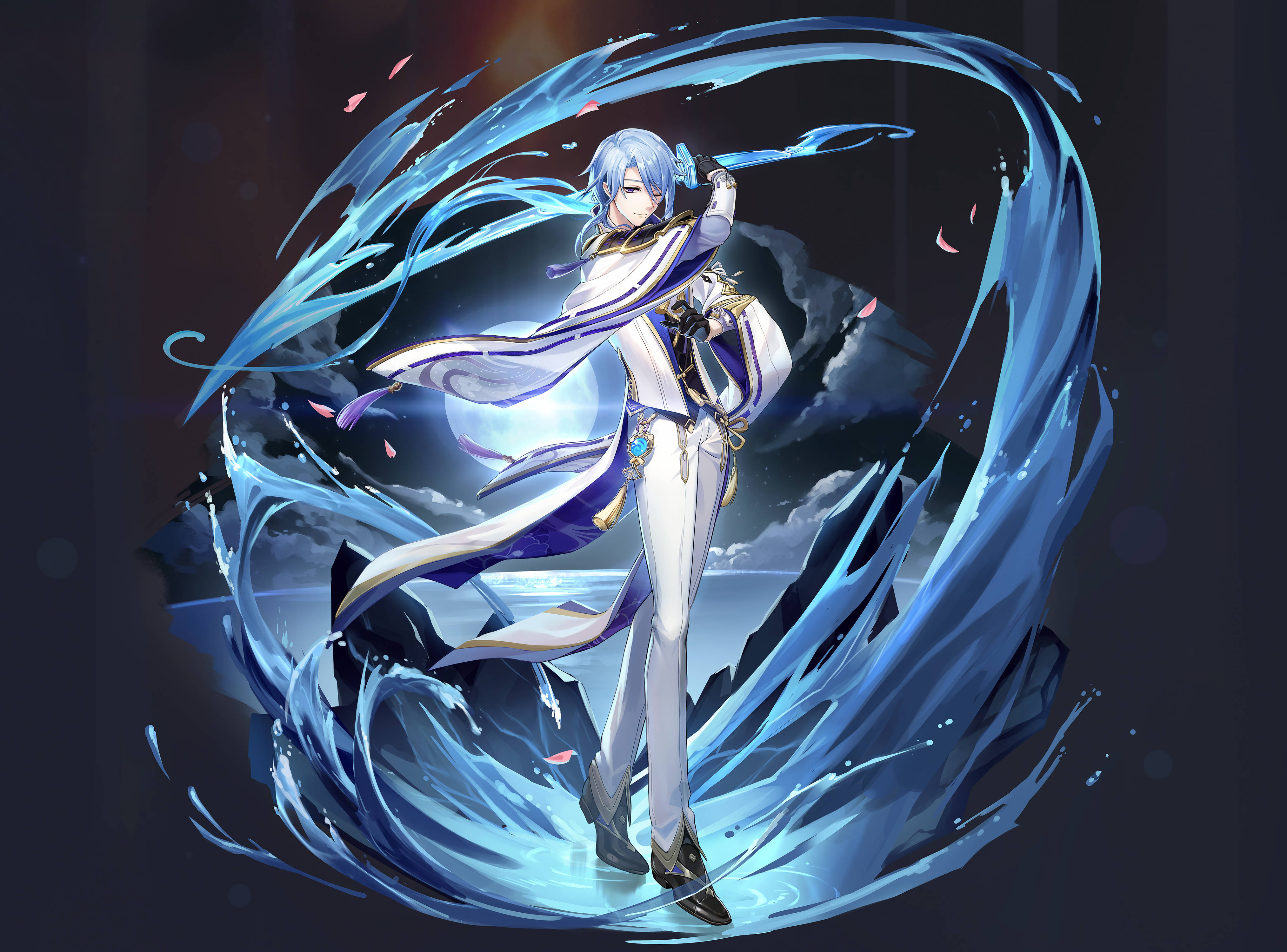 ayato 桌布 壁紙 — 一位藍髮動漫戰士身穿白色和紫色長袍，在黑暗的天空下揮舞著發光的劍，周圍環繞著旋轉的水和飄落的粉紅色花瓣。
