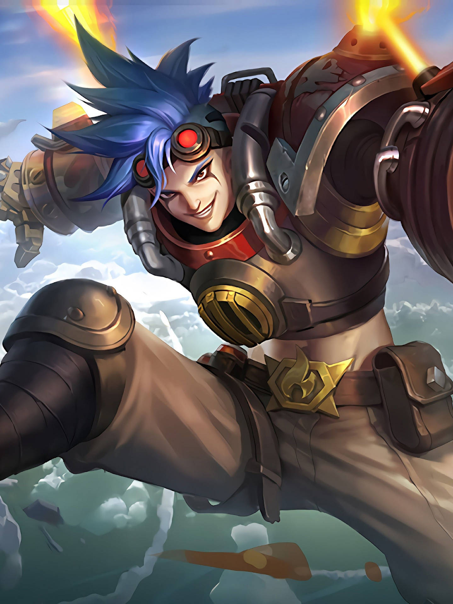 Mobile Legends 動態圖 桌布 壁紙 — 一位藍髮動漫戰士身穿紅金盔甲，拳頭噴出火焰能量衝擊波，穿過雲層跳躍。