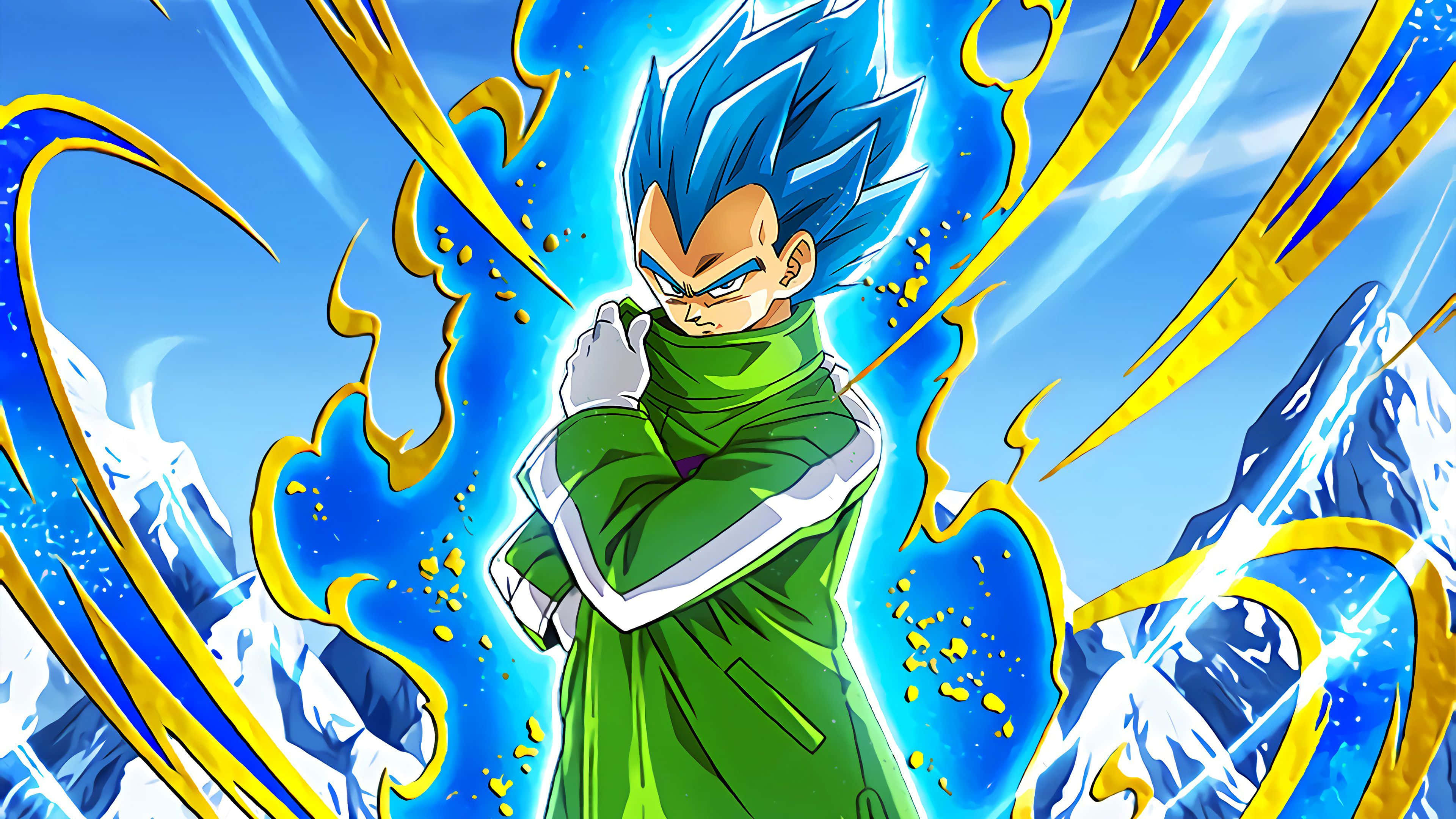 Vegeta's Final Flash 桌布 壁紙 — 一位藍髮動漫戰士身穿綠色盔甲，在群山背景下，伴隨著動態的藍色和金色能量爆發，威風凜凜地站立。
