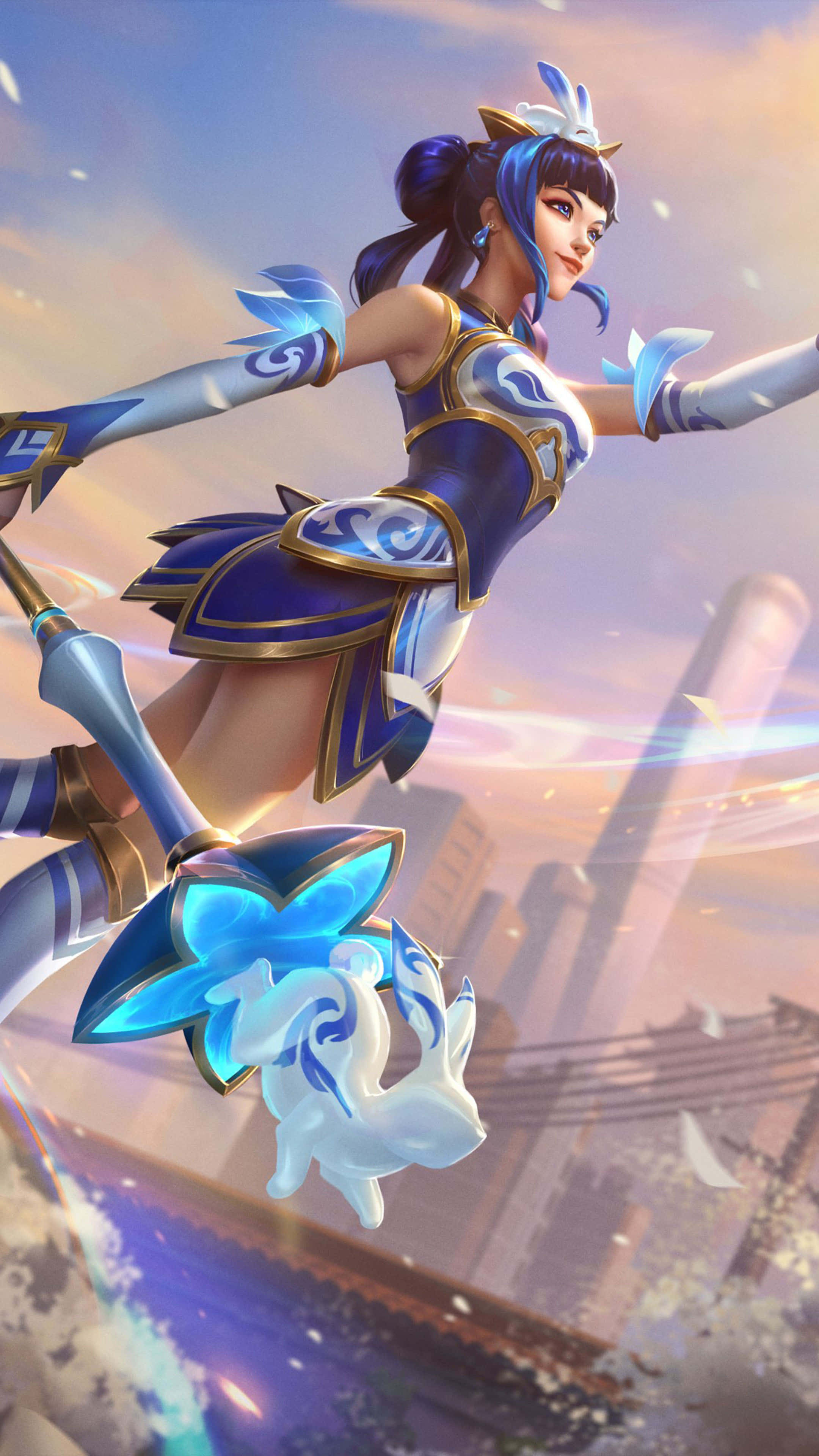 Android League Of Legends 桌布 壁紙 — 一位藍髮動漫戰士身穿華麗盔甲，在夕陽下閃爍的城市景觀中動態跳躍。