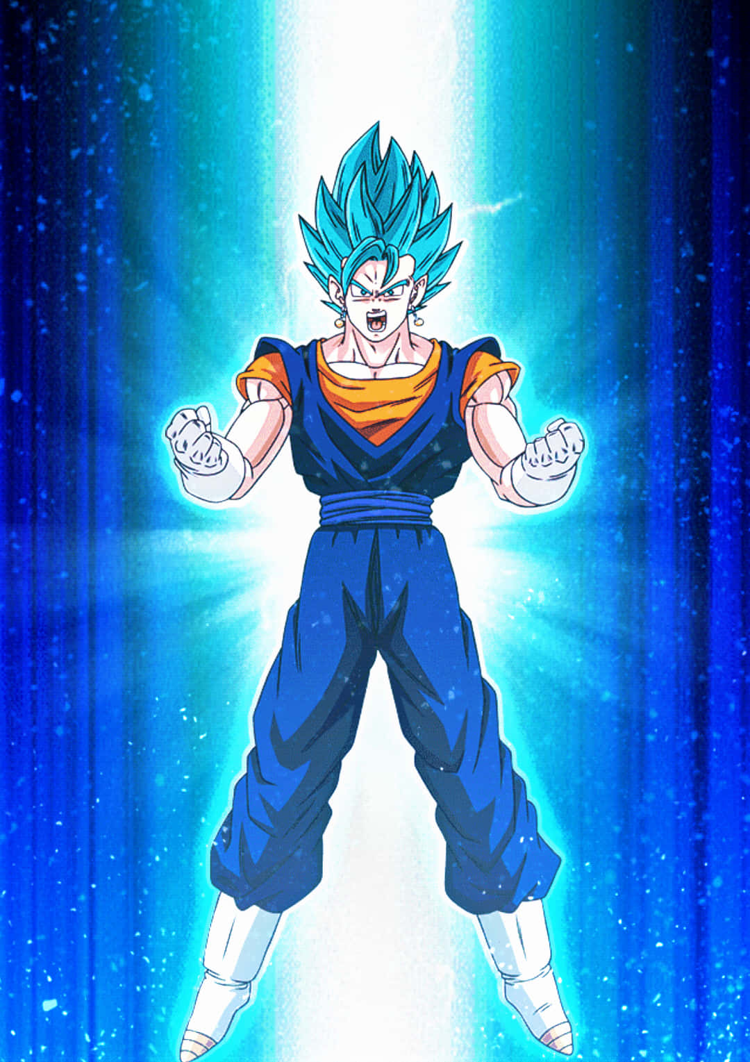 Gogeta And Vegito 桌布 壁紙 — 一位藍髮動漫戰士身穿藍色和橙色道服，在發光的藍色宇宙背景下散發力量。