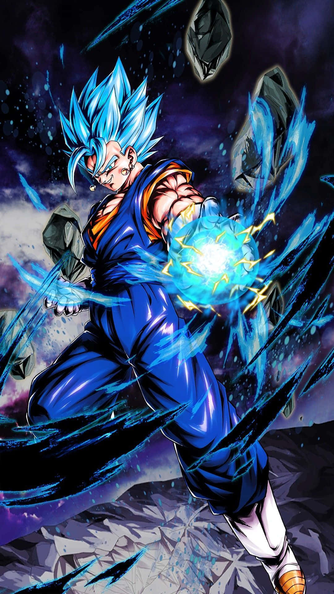 桌布 壁紙 — 一位藍髮動漫戰士身穿藍色道服，在破碎的宇宙背景下釋放出發光的能量爆炸。