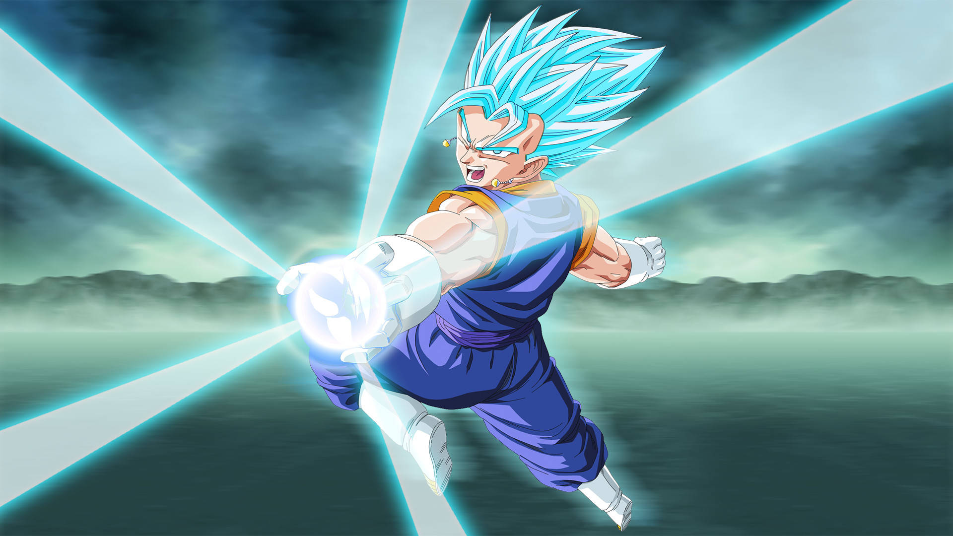 Vegito 桌布 壁紙 — 一位藍髮動漫戰士身穿藍色道服，在暴風雨的天空下釋放出發光的能量衝擊波。