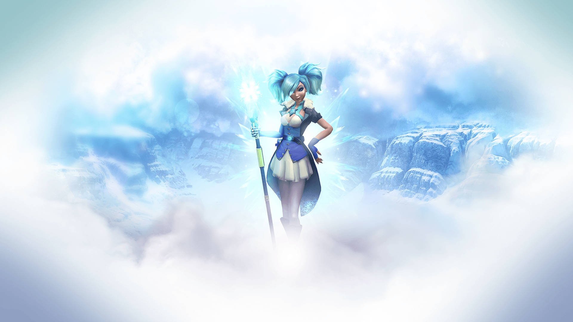遊戲 桌布 壁紙 — 一位藍髮動漫法師站在雲端上，手持發光法杖，身後是冰封的山脈。
