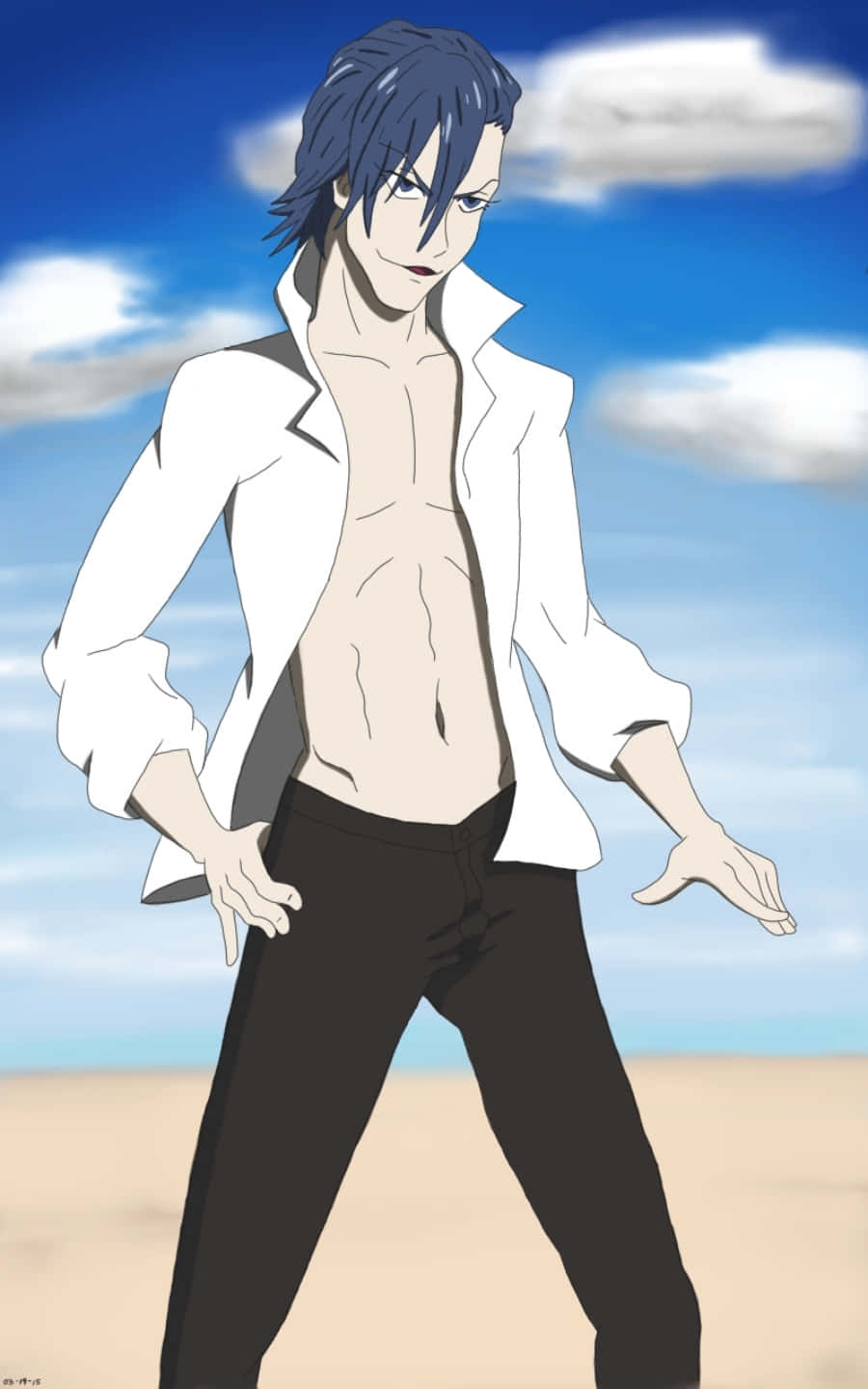 Aikuro Mikisugi 桌布 壁紙 — 一位藍髮動漫男子身穿白色開襟襯衫，在晴朗藍天和蓬鬆白雲下的沙灘上自信地站立。