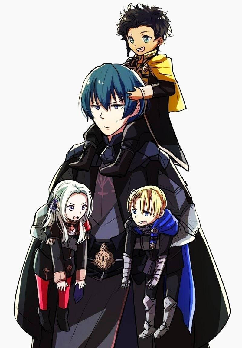 Fire Emblem Three Houses 桌布 壁紙 — 一位藍髮動漫英雄身穿暗色盔甲，在純白背景前抱著三個表情各異的Q版同伴。