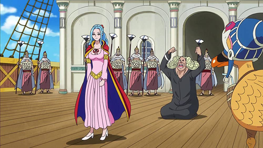 nefertari vivi 桌布 壁紙 — 一位藍髮動畫女王身穿粉紅色禮服，威嚴地站在船甲板上，一名跪著的男子向她懇求。