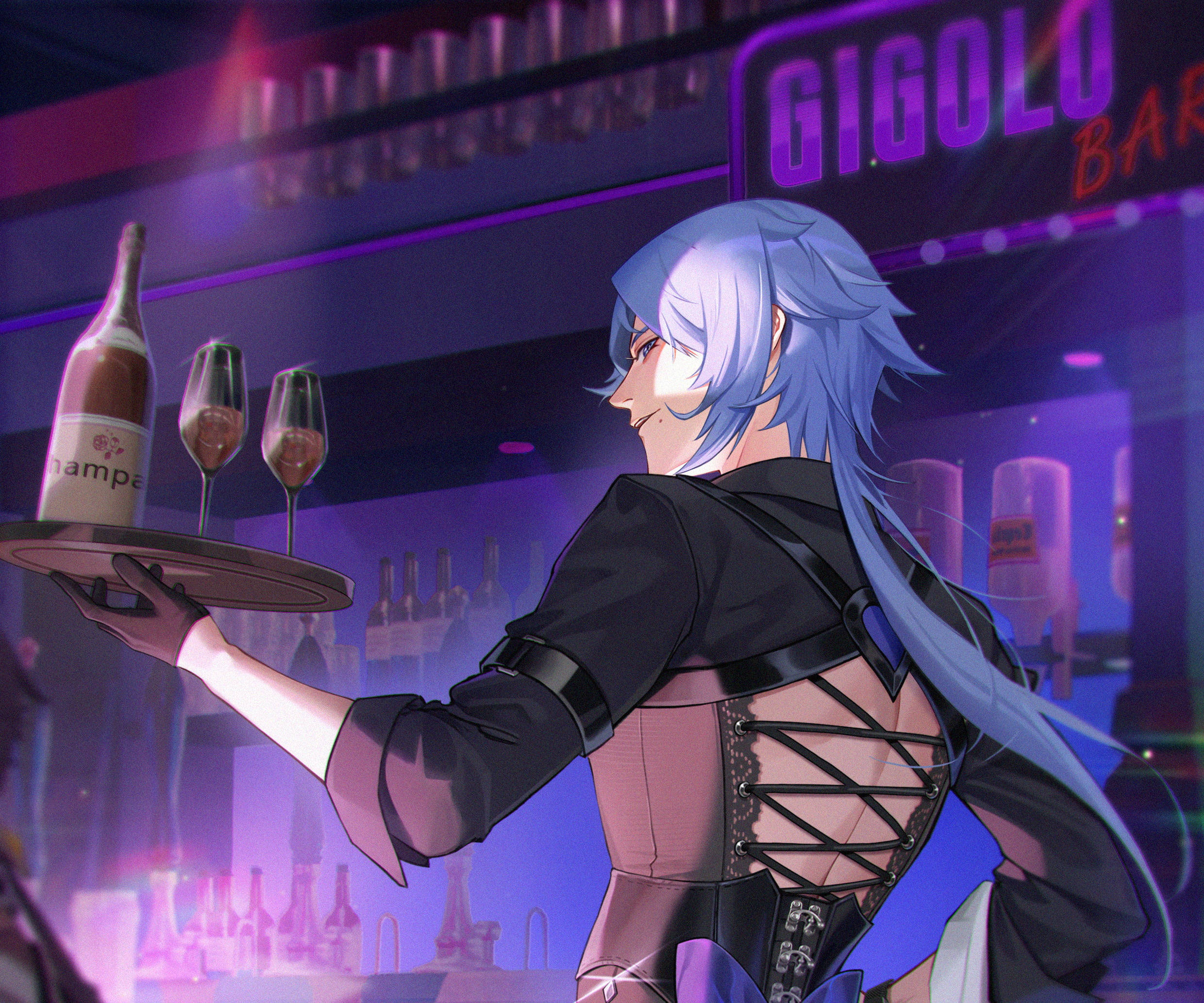 ayato 桌布 壁紙 — 一位藍髮動畫調酒師穿著束身裙，在昏暗酒吧的霓虹燈下提供香檳。