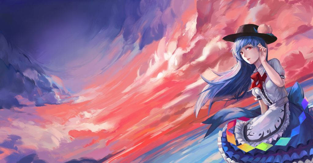 東方 桌布 壁紙 — 一位藍髮女僕裝和帽子的動漫女孩，在粉紅、紫和橙色雲朵旋轉的鮮豔天空中寧靜地漂浮。