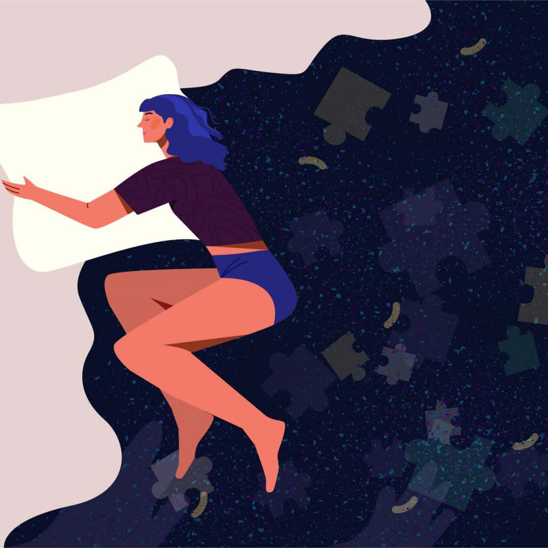 Dreaming 桌布 壁紙 — 一位藍髮女性在枕頭上安然入睡，枕頭漂浮在深色拼圖碎片和星星之間。