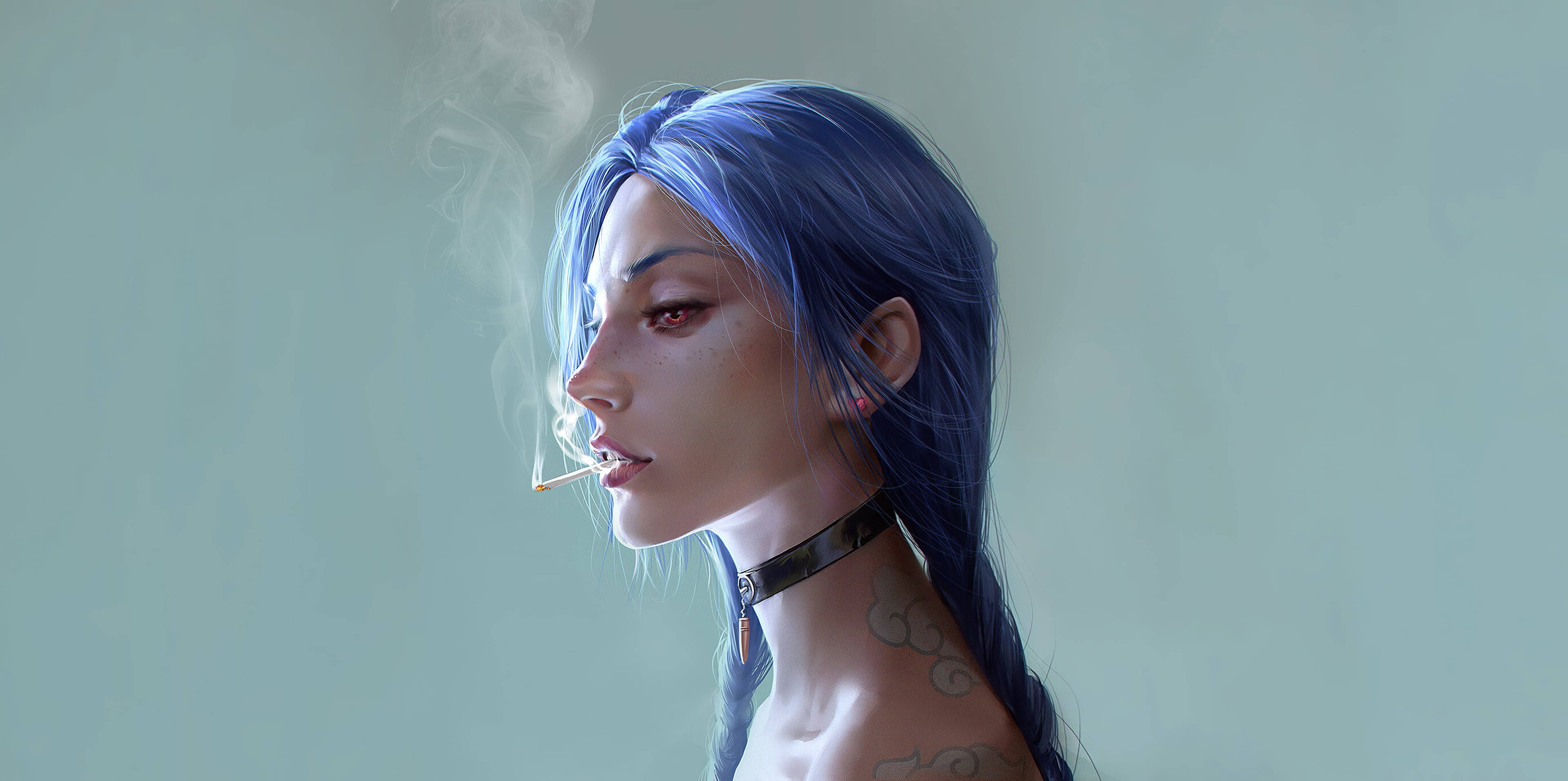 Legends 桌布 壁紙 — 一位藍髮女性在淡青綠色背景前抽煙，縷縷煙霧向上繚繞。