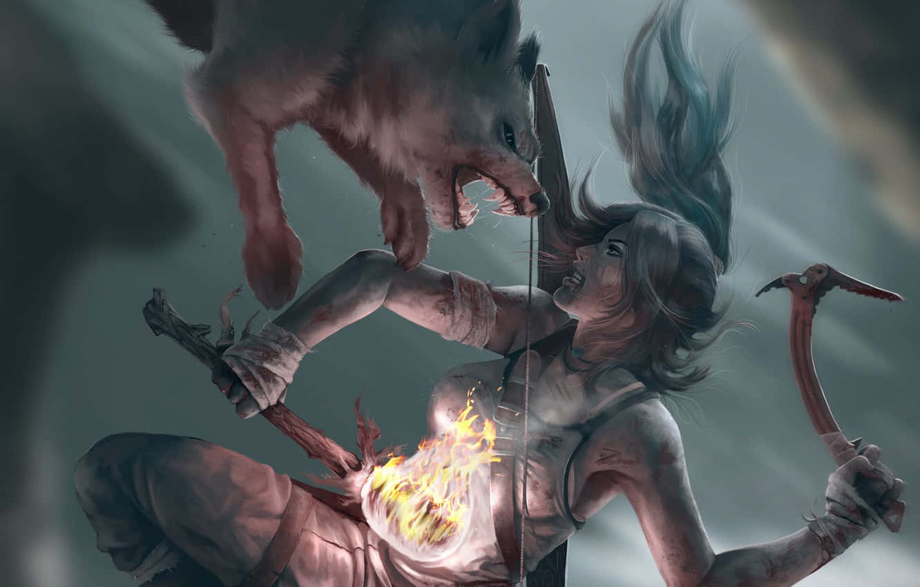 Wolf Attack 桌布 壁紙 — 一位藍髮女戰士在暴風雨、霧氣瀰漫的環境中，手持燃燒的火把和冰斧，與一隻咆哮的狼搏鬥。