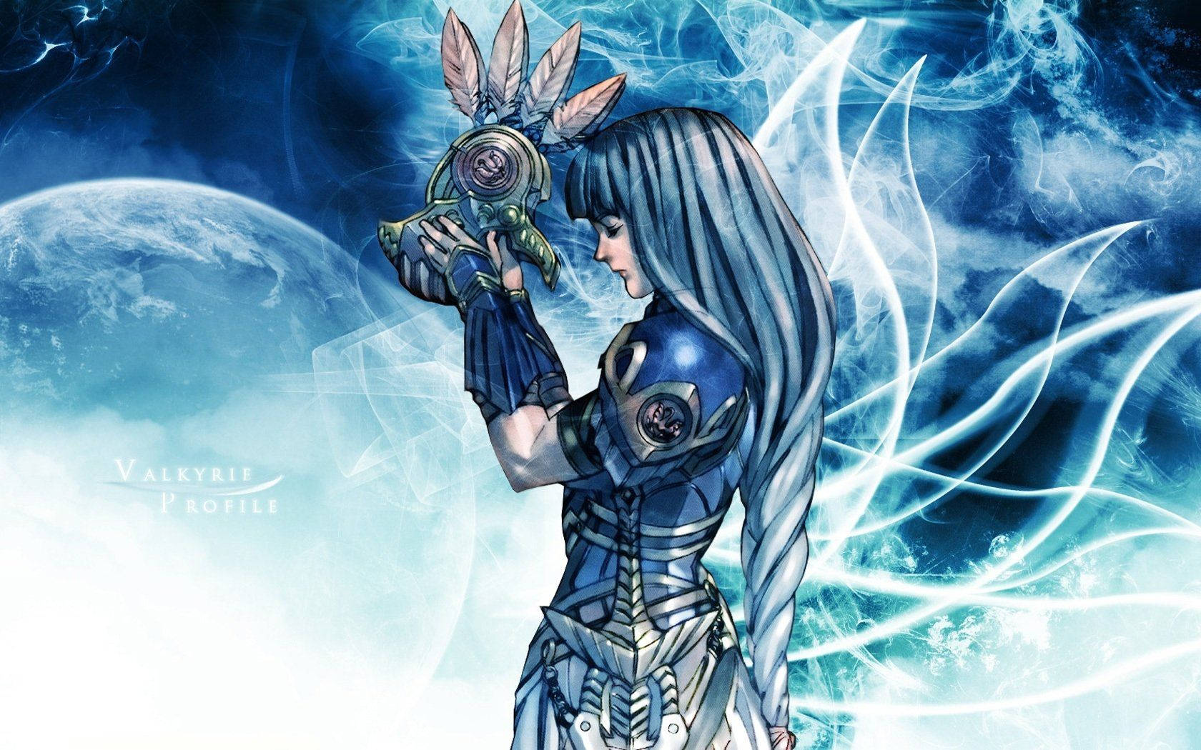 維京人 桌布 壁紙 — 一位藍髮女武神身穿華麗盔甲，在行星和旋轉能量的宇宙背景下手持發光神器。