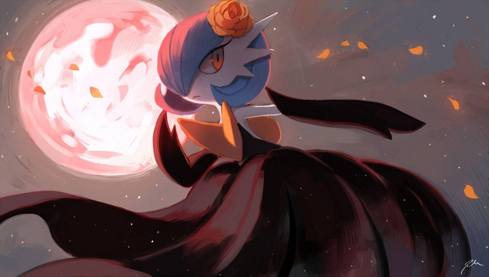 Gardevoir 桌布 壁紙 — 一位藍髮少女，頭上戴著玫瑰，站在發光的粉紅色月亮前，秋葉在她周圍飄落。