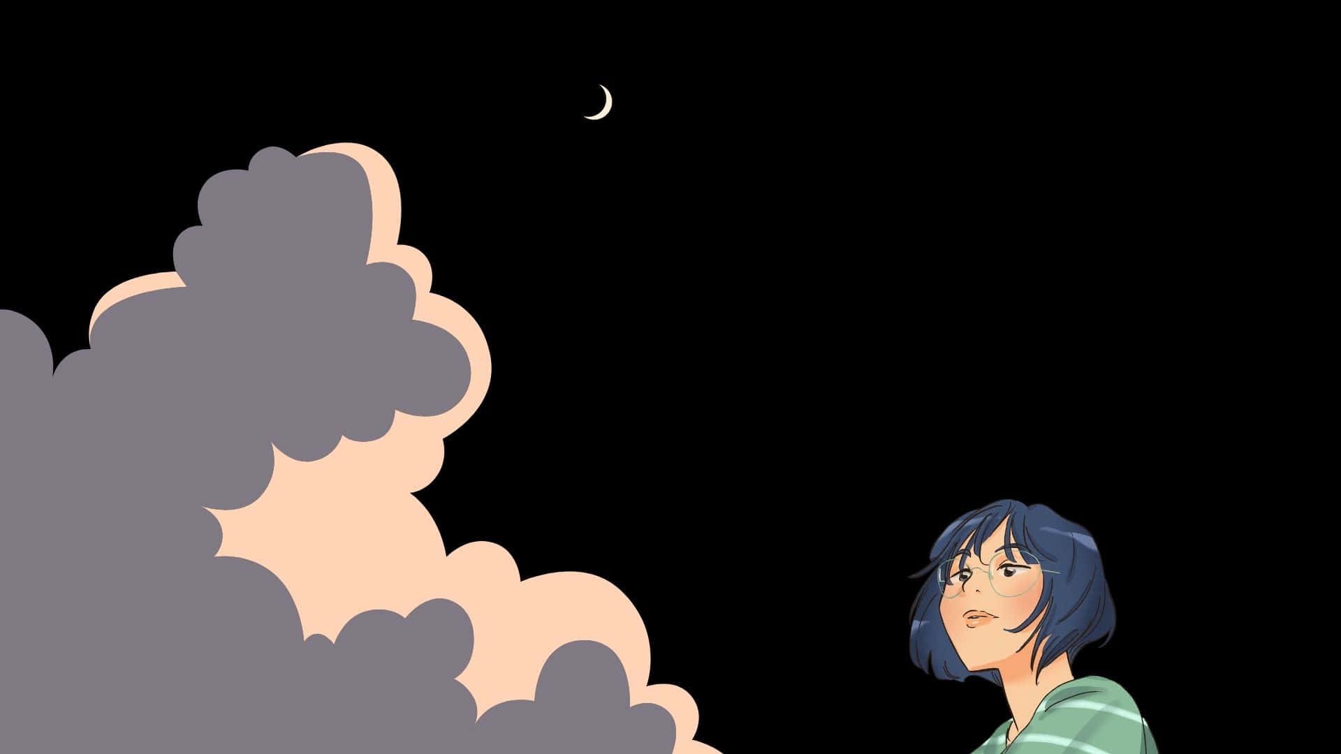 女孩 桌布 壁紙 — 一位藍髮年輕女性抬頭仰望，在黑暗夜空下，一彎新月從風格化的雲朵後探出頭來。