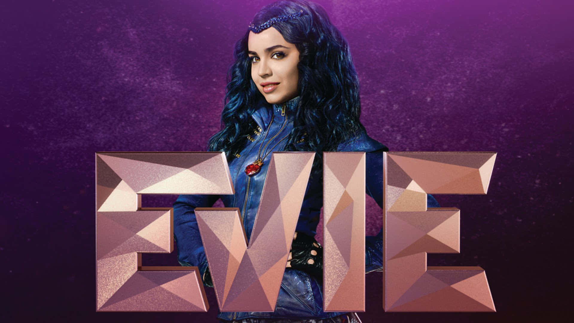 Disney Descendants 桌布 壁紙 — 一位藍髮年輕女性站在一個大型幾何粉紅色字母「EVIE」後面，背景是紫色宇宙背景。