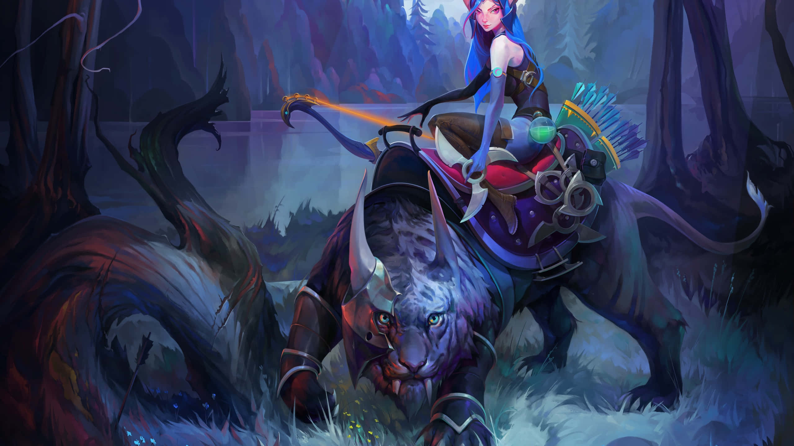 dota 2 4K 桌布 壁紙 — 一位藍髮弓箭手騎著一隻裝甲貓科野獸，穿過迷霧籠罩的黃昏森林，擁有發光的眼睛和火焰箭矢。