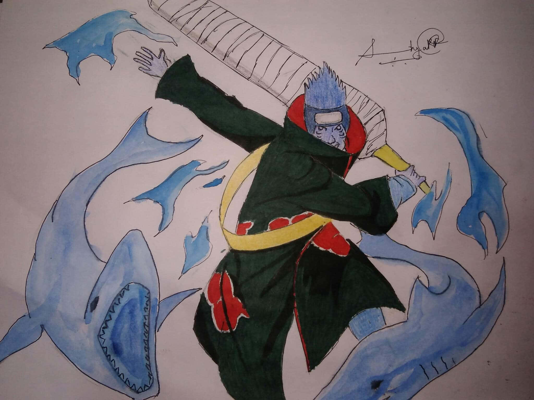 Akatsuki Kisame 桌布 壁紙 — 一位藍髮忍者身穿綠色斗篷，揮舞著劍，周圍環繞著旋轉的藍色鯊魚狀能量。