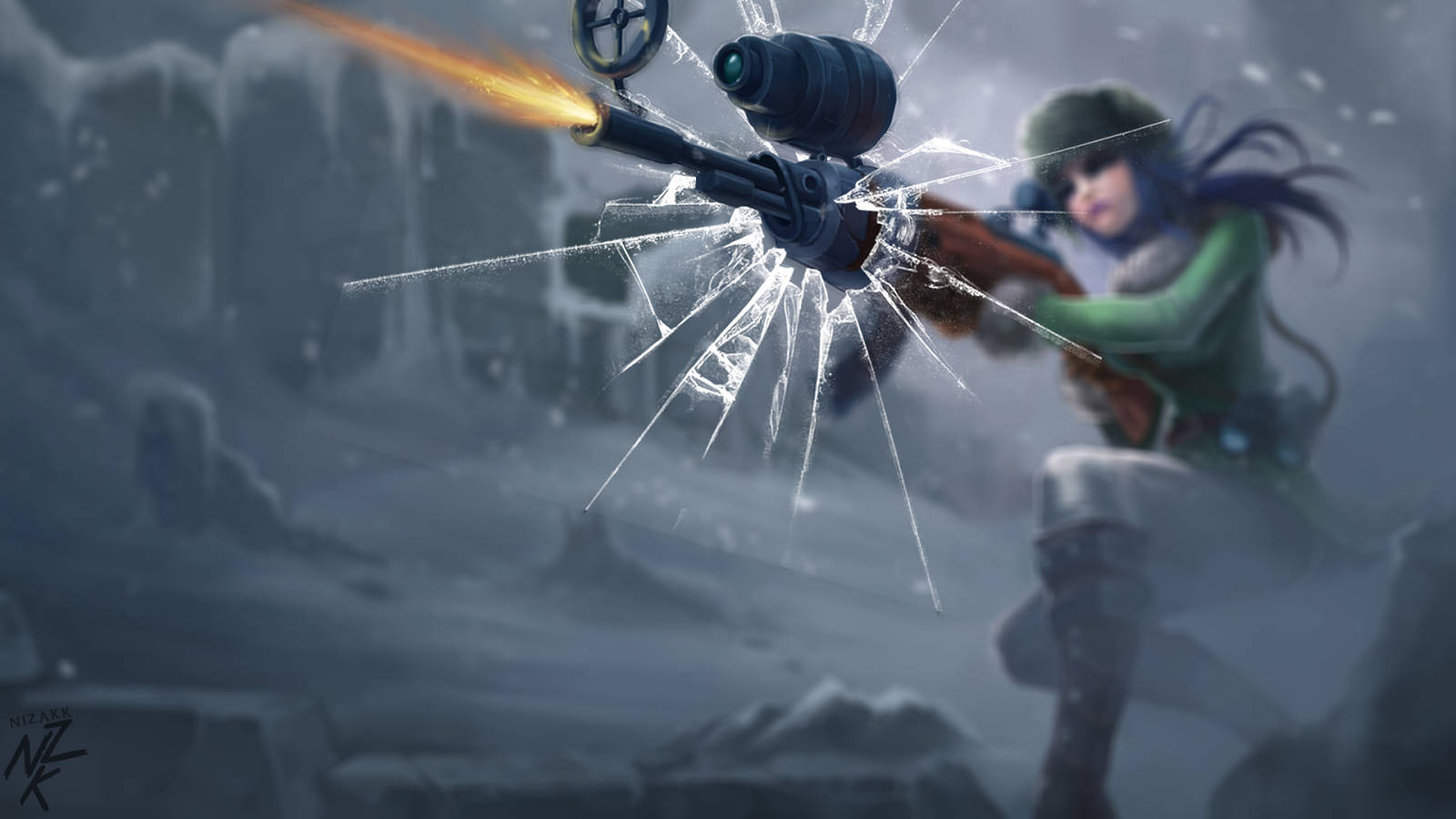 3d League Of Legends 桌布 壁紙 — 一位藍髮戰士在冰雪覆蓋的廢墟中，穿過破碎的玻璃射擊步槍，周圍有冰柱。