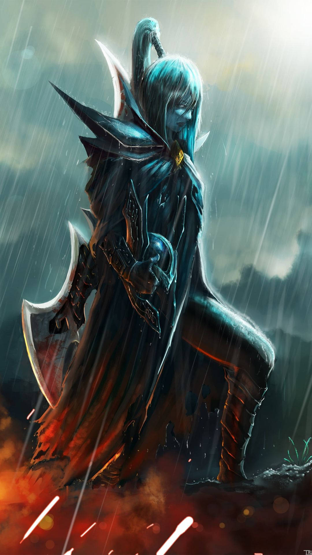 電玩遊戲 桌布 壁紙 — 一位藍髮戰士身穿暗色盔甲，在暴風雨中挑釁地站立，手持發光的斧頭。