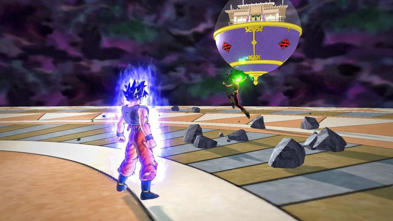 Tournament Of Power 桌布 壁紙 — 一位藍髮戰士身穿橙色道服散發藍色能量，面對一座漂浮的紫色寺廟，一位身穿綠色的人物正跳向它，背景是暴風雨的紫色天空。