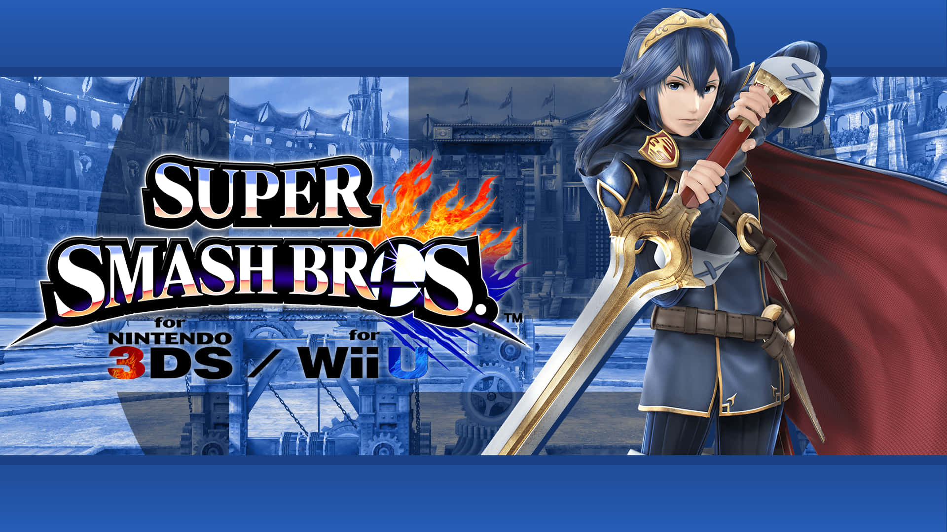 Lucina 桌布 壁紙 — 一位藍髮戰士身穿盔甲，揮舞著一把大劍，披著紅色斗篷，背景是藍色調的城堡，並帶有 Super Smash Bros 標誌。